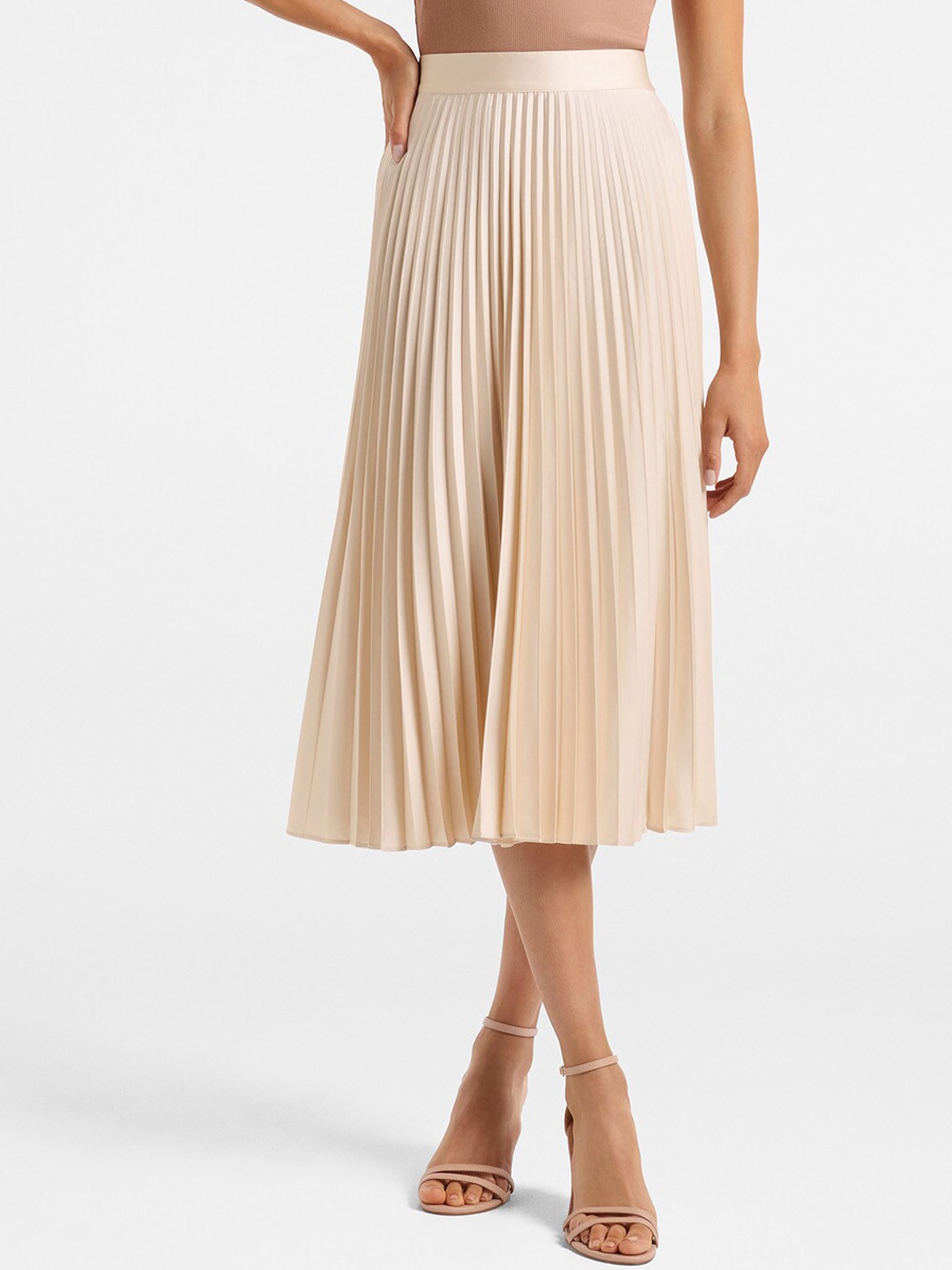 

Forever New Women Beige Solid Satin Accordion Pleated Midi Skirts