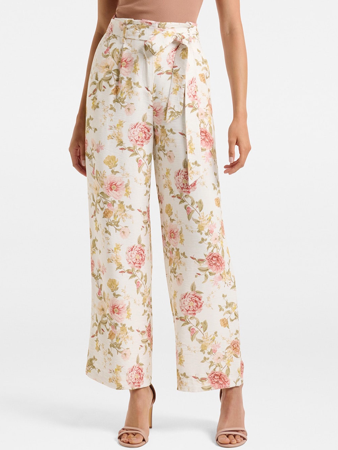 

Forever New Women Beige Floral Printed Flared High-Rise Pleated Trousers