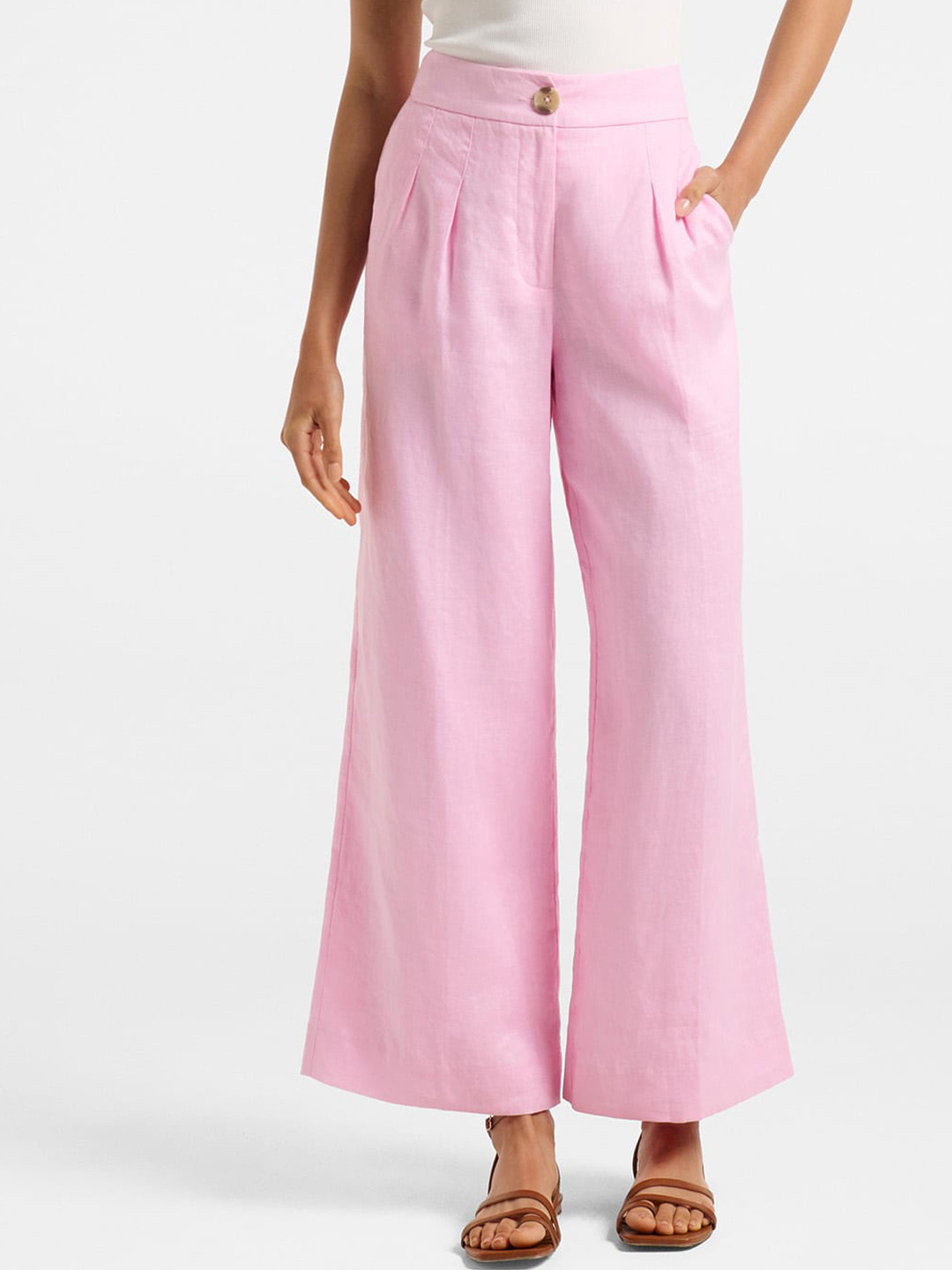 

Forever New Women Pink High-Rise Pleated Pure Linen Bootcut Trousers