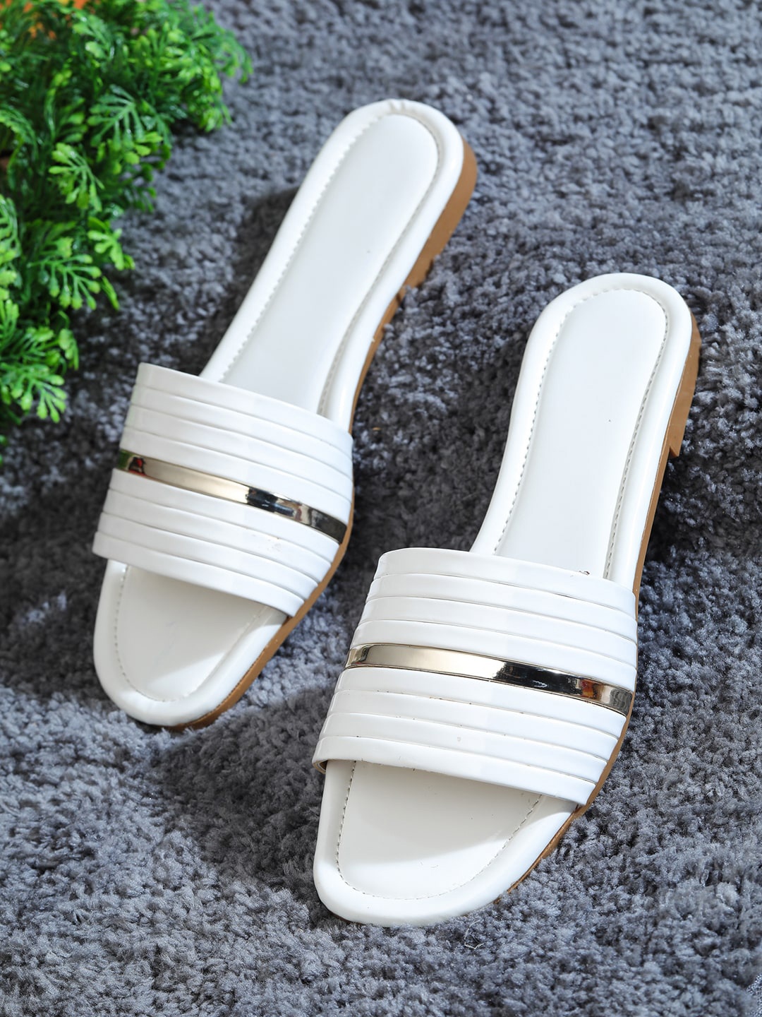 

HASTEN Women White Striped Open Toe Flats