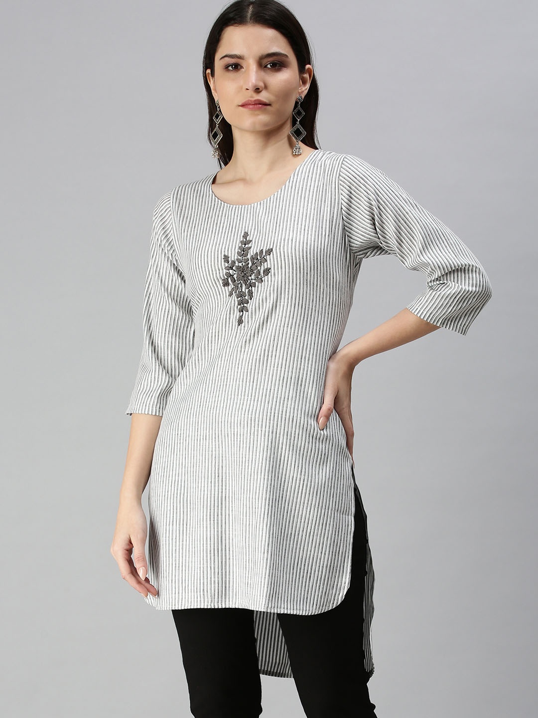 SHOWOFF White & Grey Striped Thread Work Thread Work Kurti
