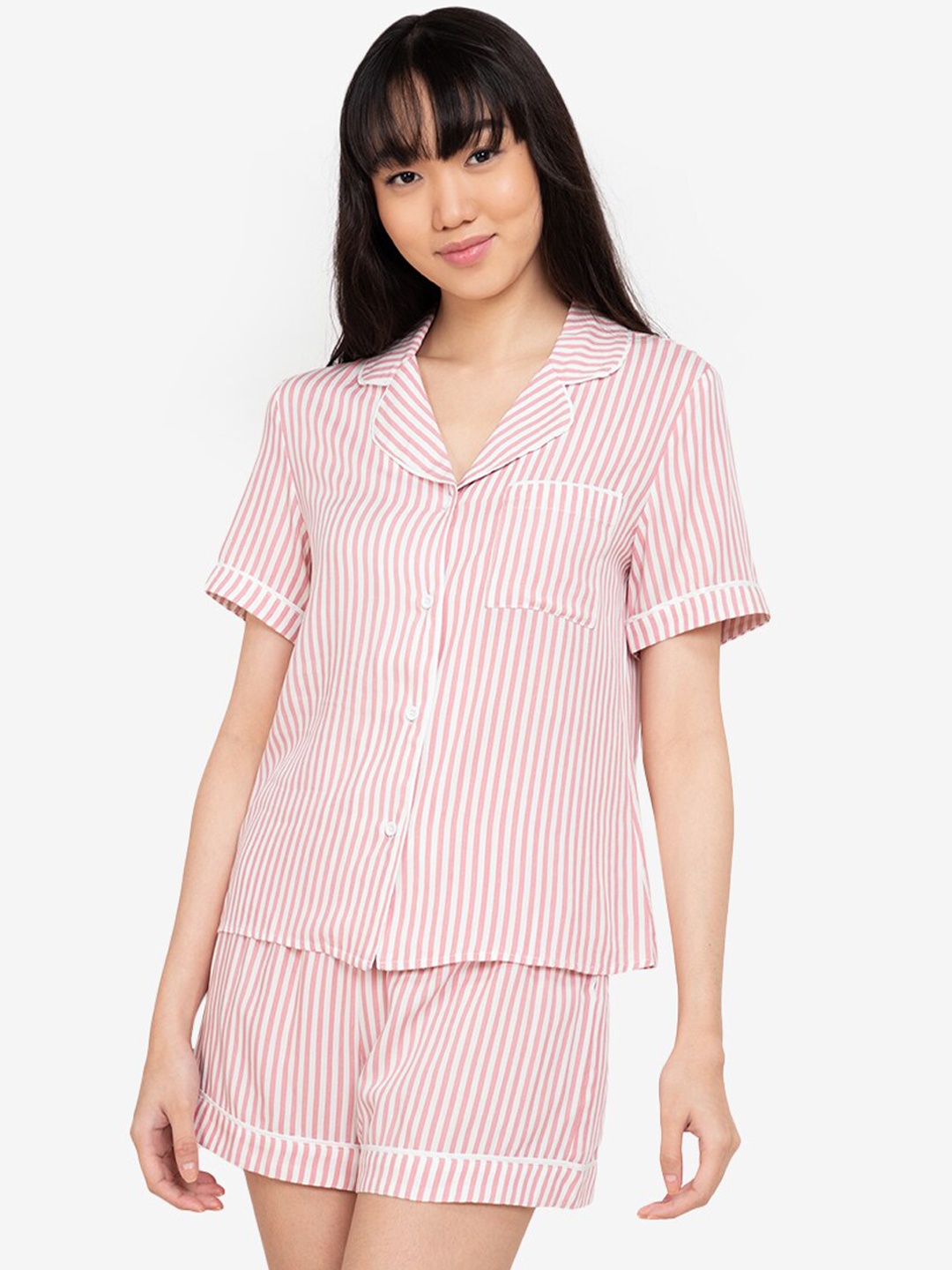 

ZALORA BASICS Women Pink & Off-White Striped Lounge Shirt