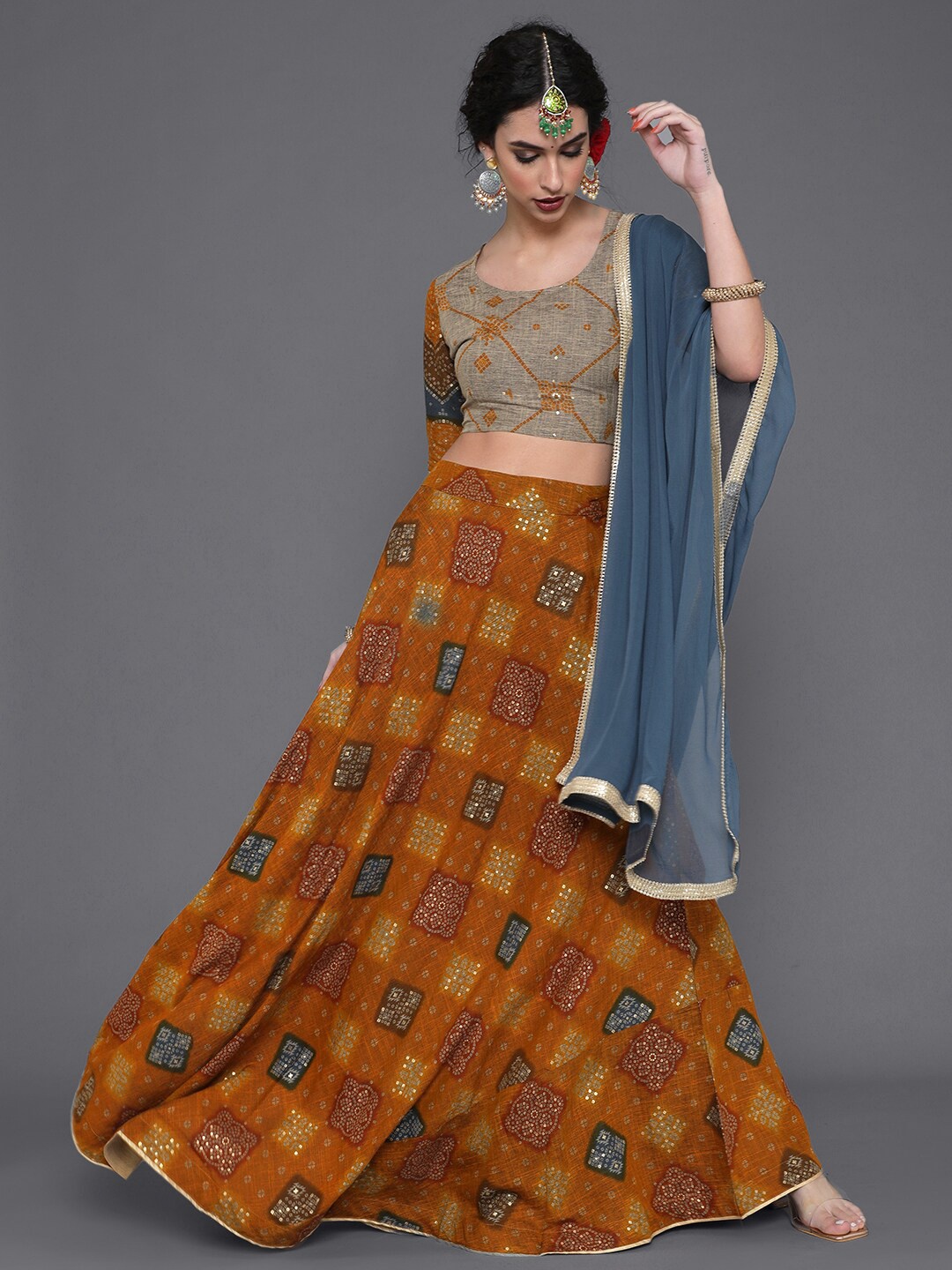 

saubhagya Mustard & Blue Printed Ready to Wear Lehenga & Blouse With Dupatta