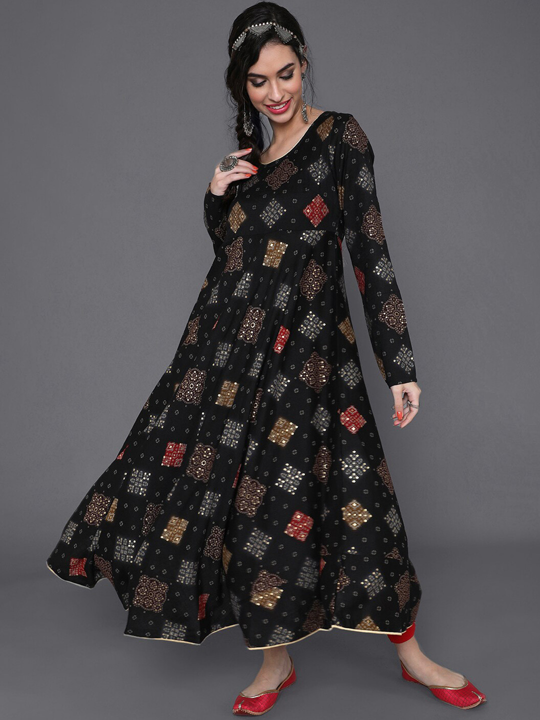 

saubhagya Women Black & Red Bandhani Printed Anarkali Kurta