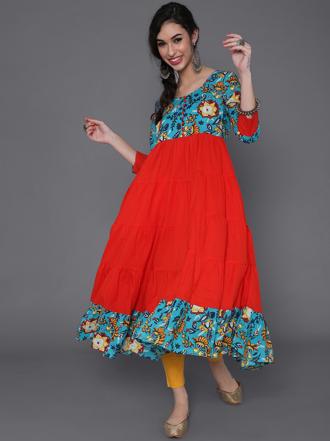 

saubhagya Women Red & Blue Floral Yoke Design Anarkali Kurta