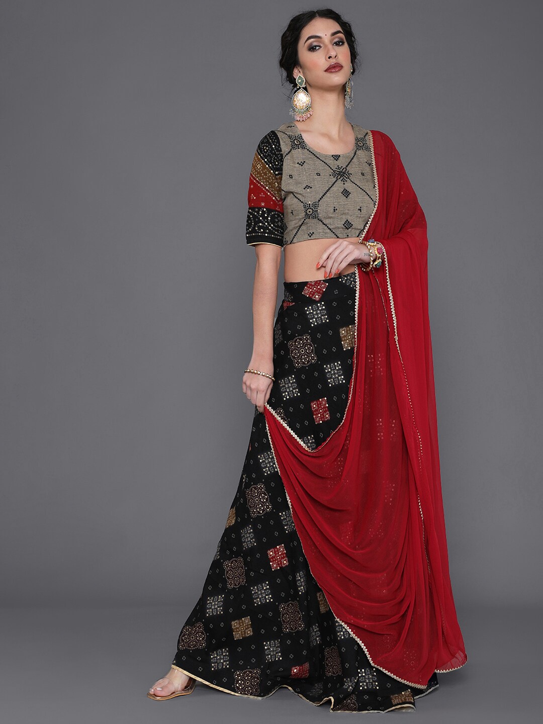 

saubhagya Black & Red Printed Ready to Wear Lehenga & Blouse With Dupatta
