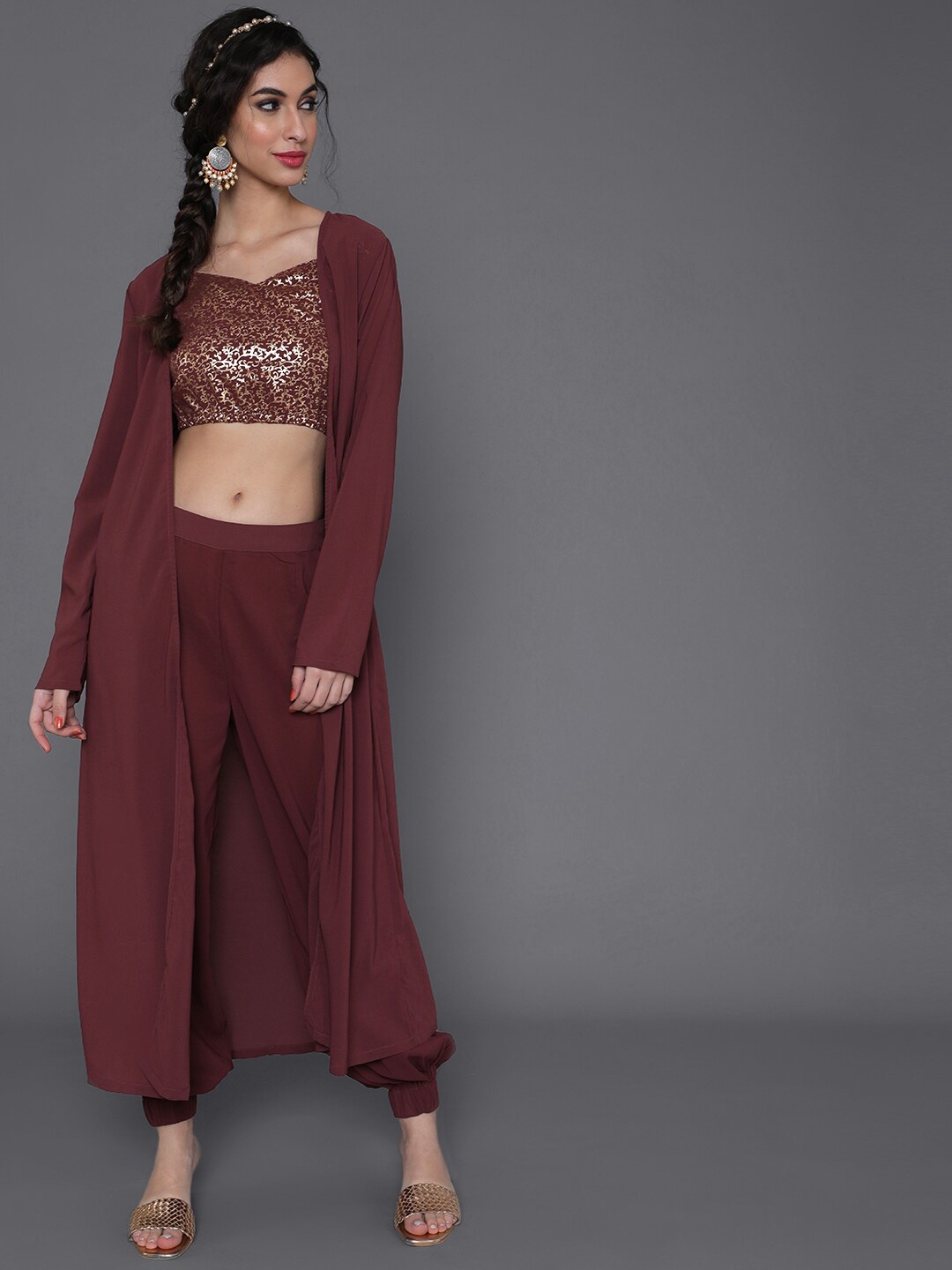 

saubhagya Women Burgundy Gold Foil Printed Top & Trouser With Jacket Set