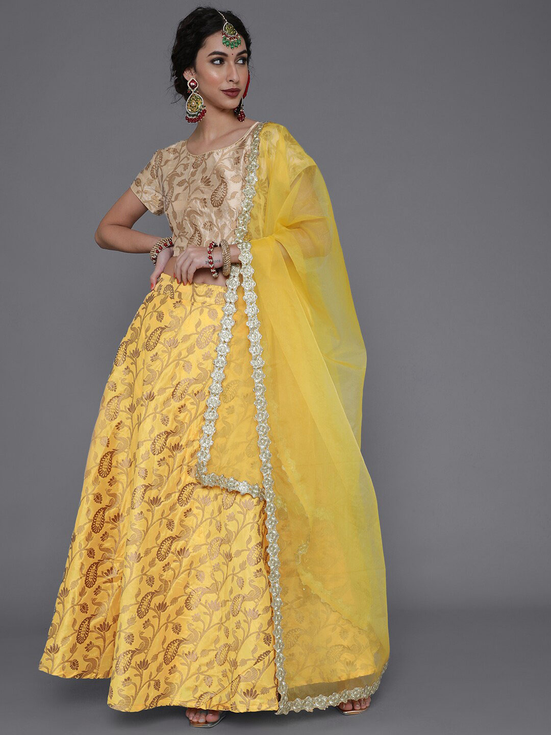 

saubhagya Yellow & Gold-Toned Printed Ready to Wear Lehenga & Blouse With Dupatta