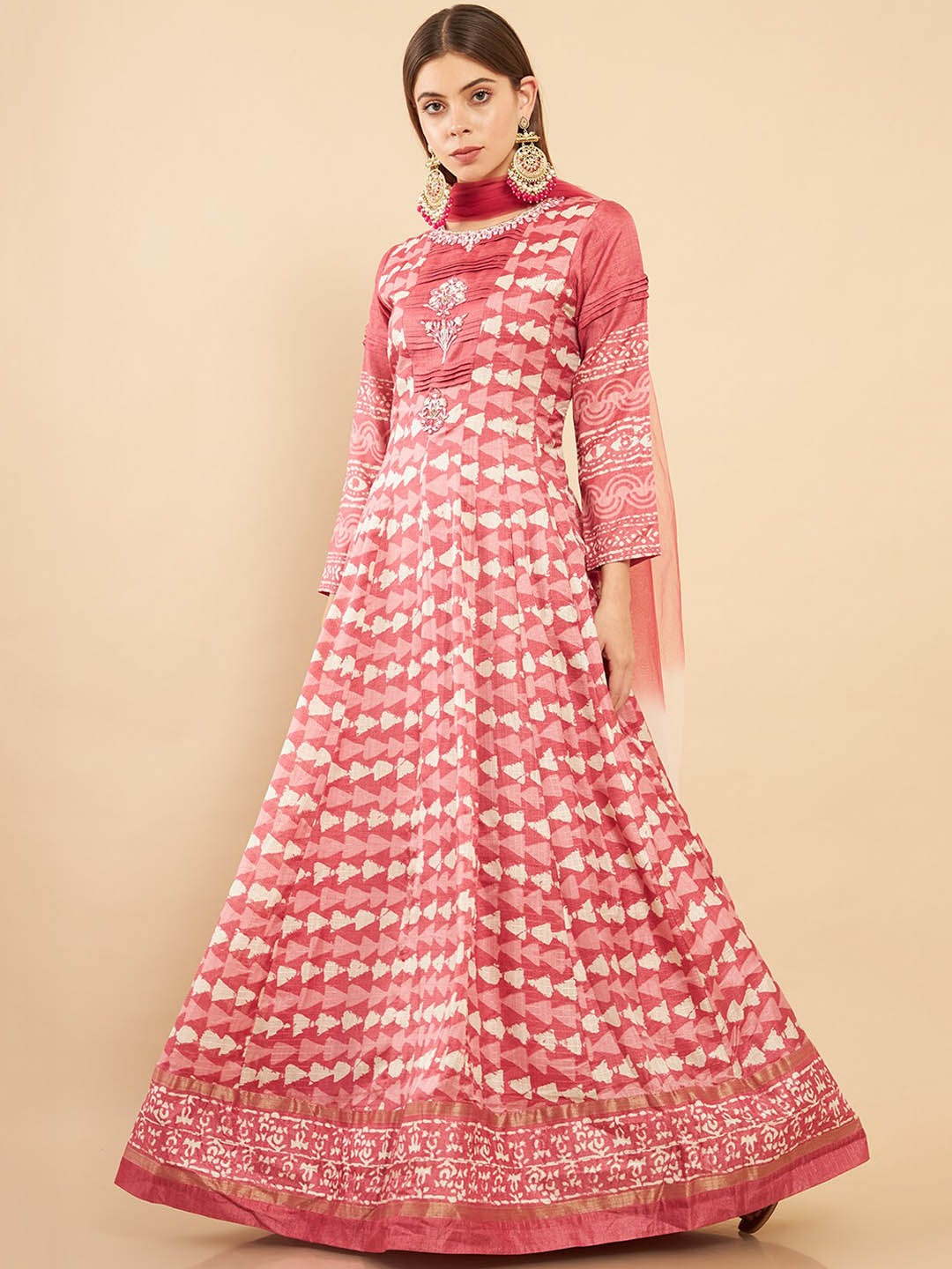 

Soch Women Pink Printed Thread Work Silk Kurta with Churidar & With Dupatta