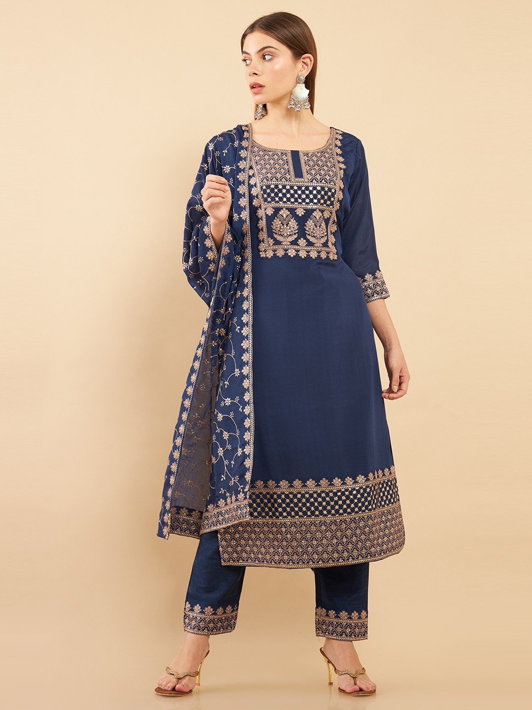 

Soch Women Blue Ethnic Motifs Embroidered Chiffon Kurta with Trousers & With Dupatta
