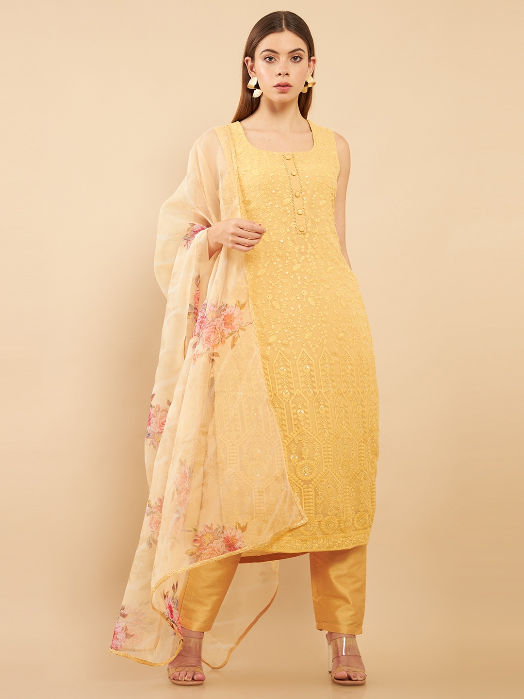 

Soch Women Yellow & Pink Chikankari Silk Georgette Kurta With Trousers & Dupatta