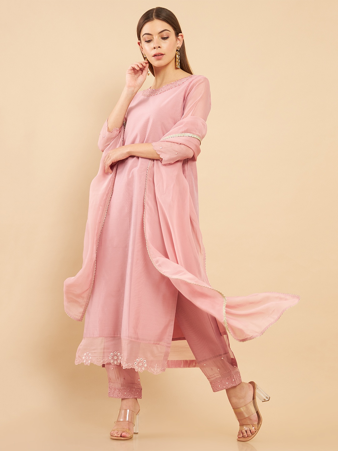 

Soch Women Pink Yoke Design Chanderi Silk Kurta With Trousers & Dupatta
