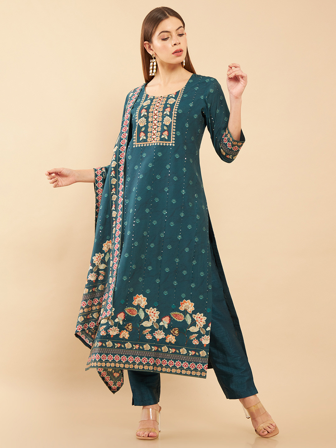 

Soch Women Green Floral Embroidered Muslin Kurta with Trousers & With Dupatta