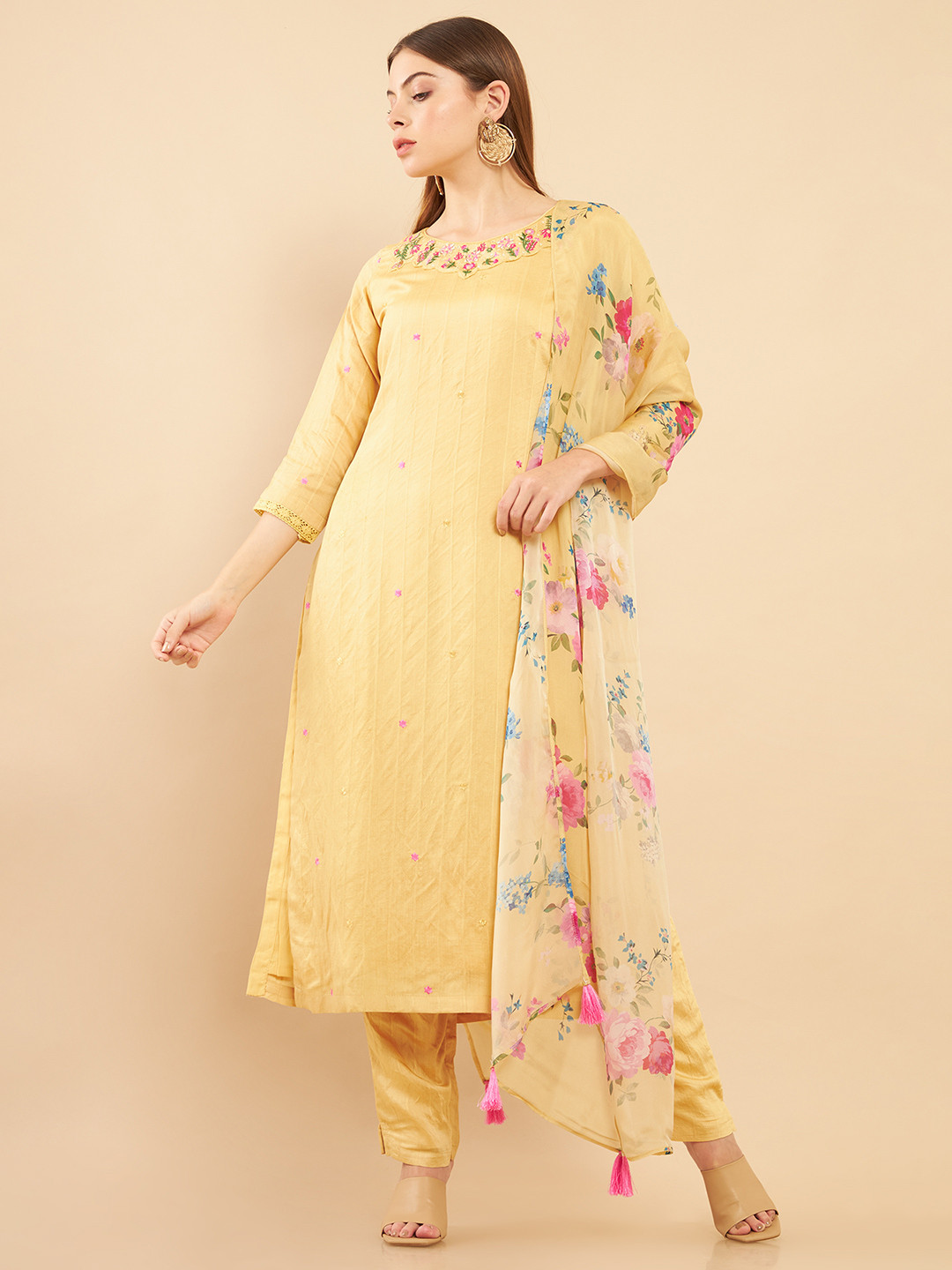 

Soch Women Yellow Floral Yoke Design Thread Work Pure Silk Kurta with Trouser & Dupatta