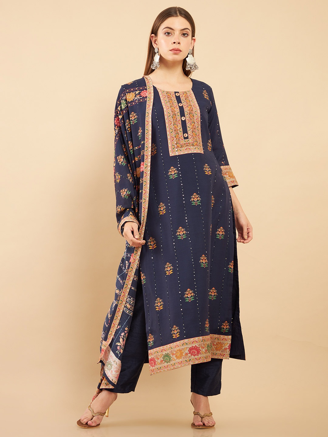 

Soch Women Blue Ethnic Motifs Embroidered Sequinned Muslin Kurta With Trousers & Dupatta