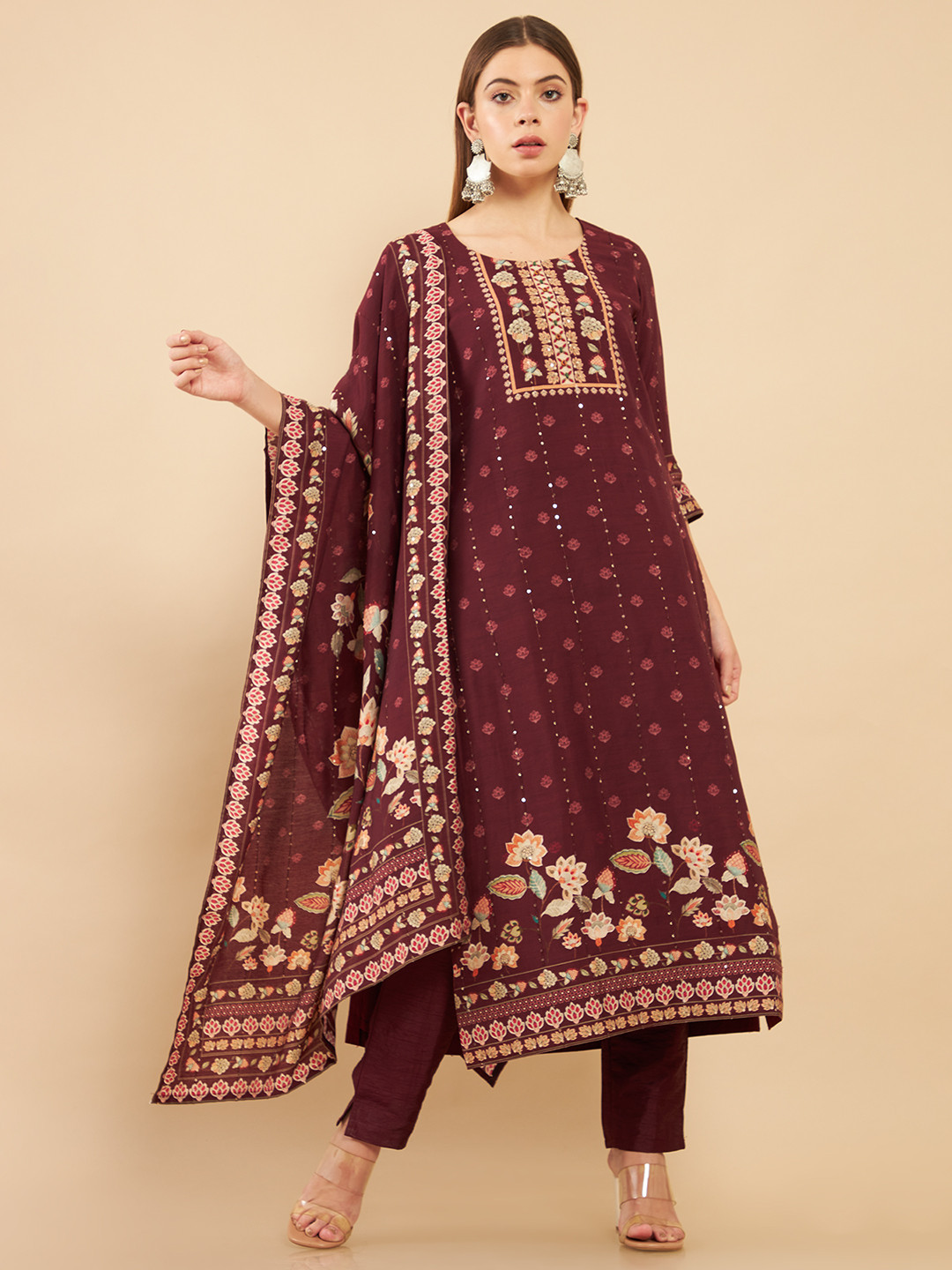 

Soch Women Purple Floral Embroidered Muslin Kurta Set With Sequins