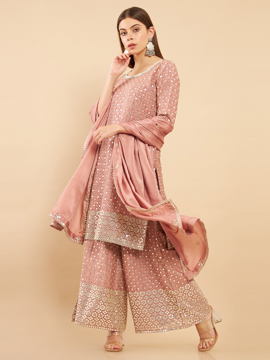

Soch Women Pink Embellished Mirror Work Chiffon Kurta with Palazzos & With Dupatta