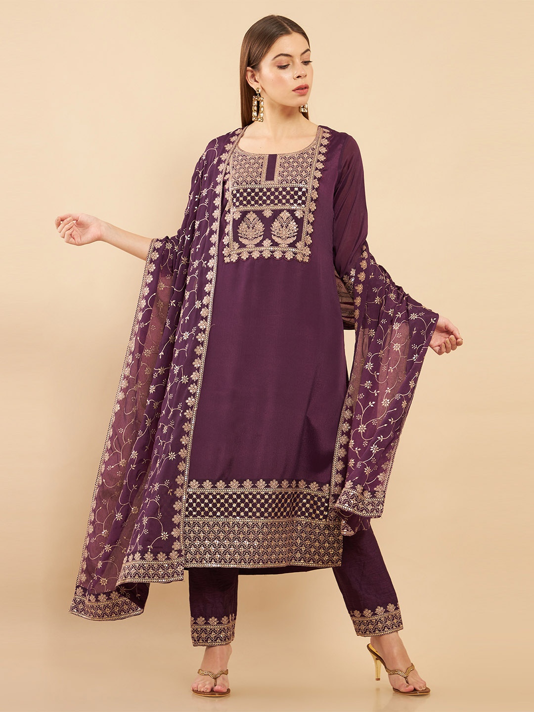 

Soch Women Burgundy Embroidered A-Line Chiffon Kurta with Trousers & Dupatta