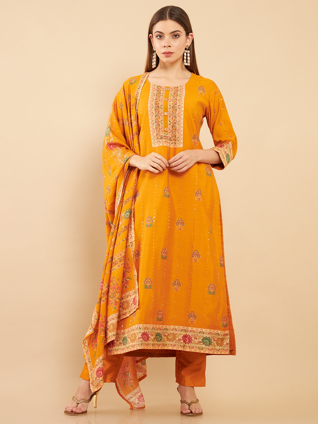 

Soch Women Yellow Floral Sequinned Panelled Muslin Kurta With Trousers & Dupatta