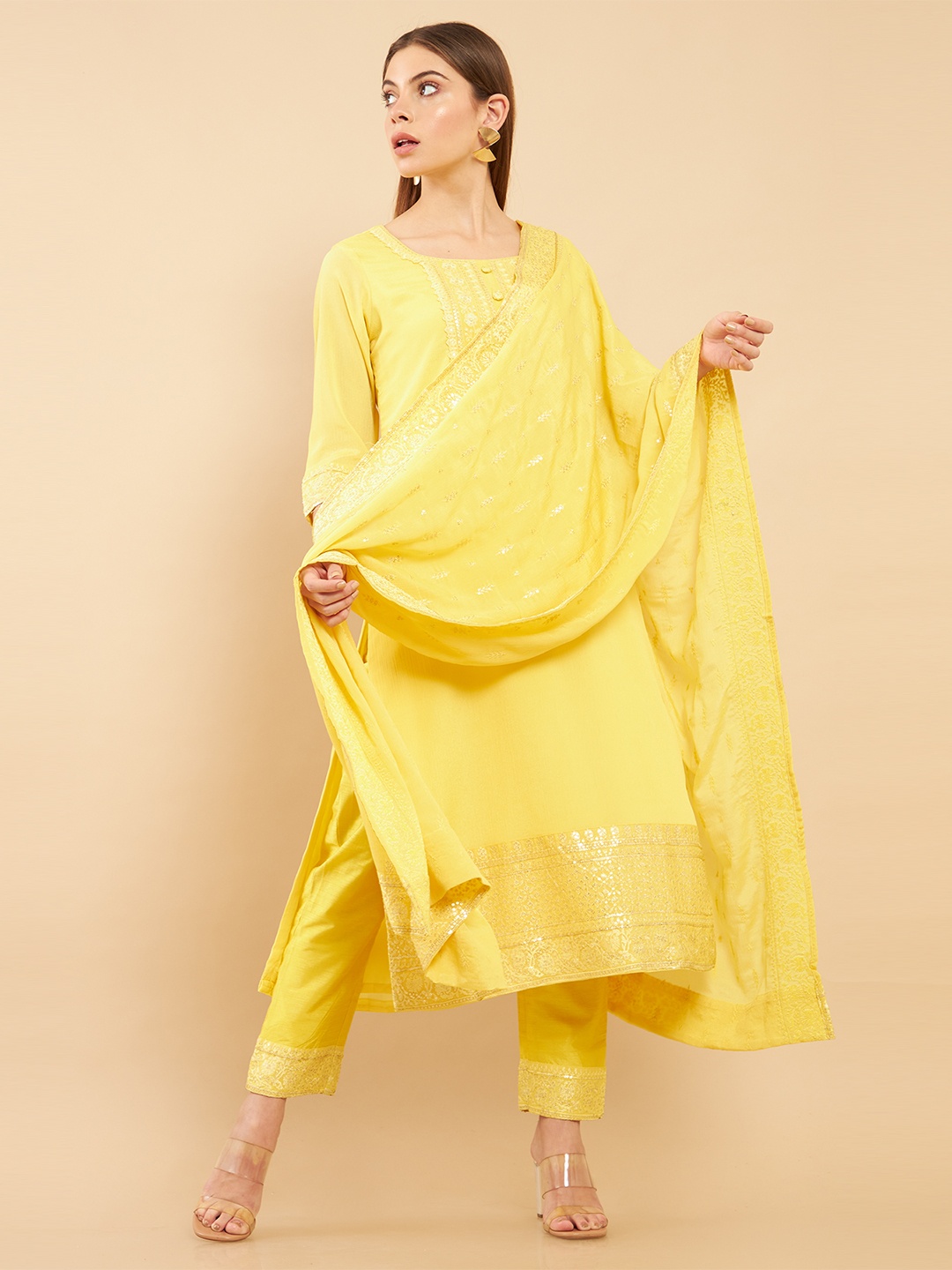 

Soch Women Yellow Yoke Design Embroidered Chiffon Kurta With Trousers & Dupatta