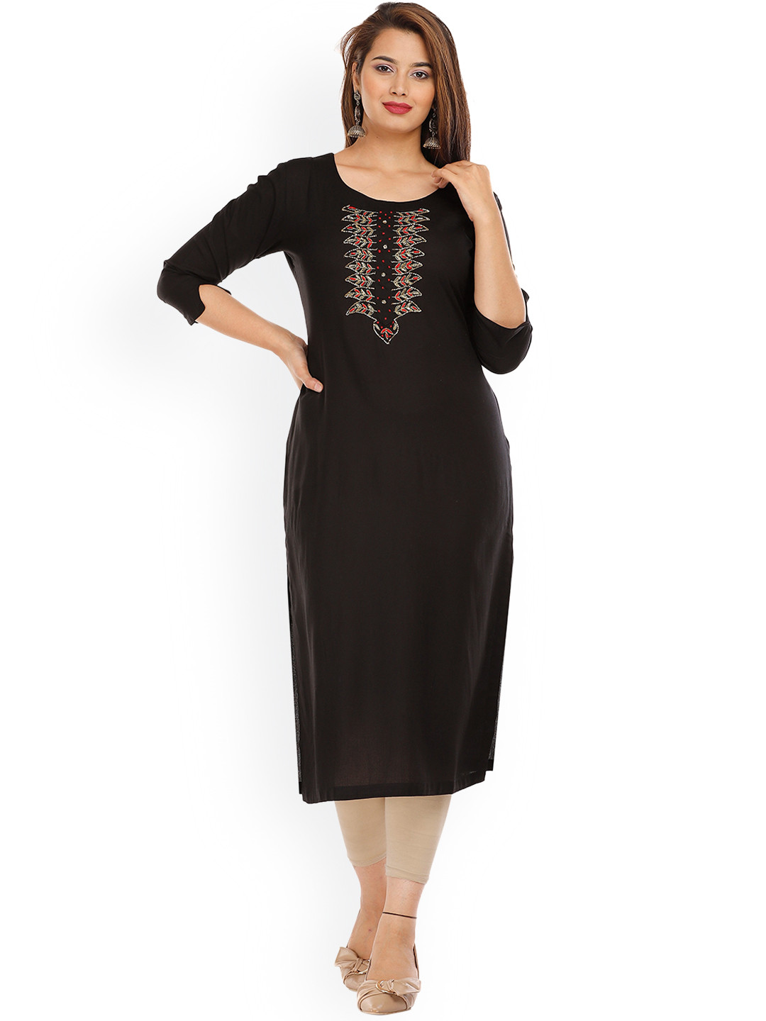 

KALINI Women Black & Red Embellished Straight Kurta