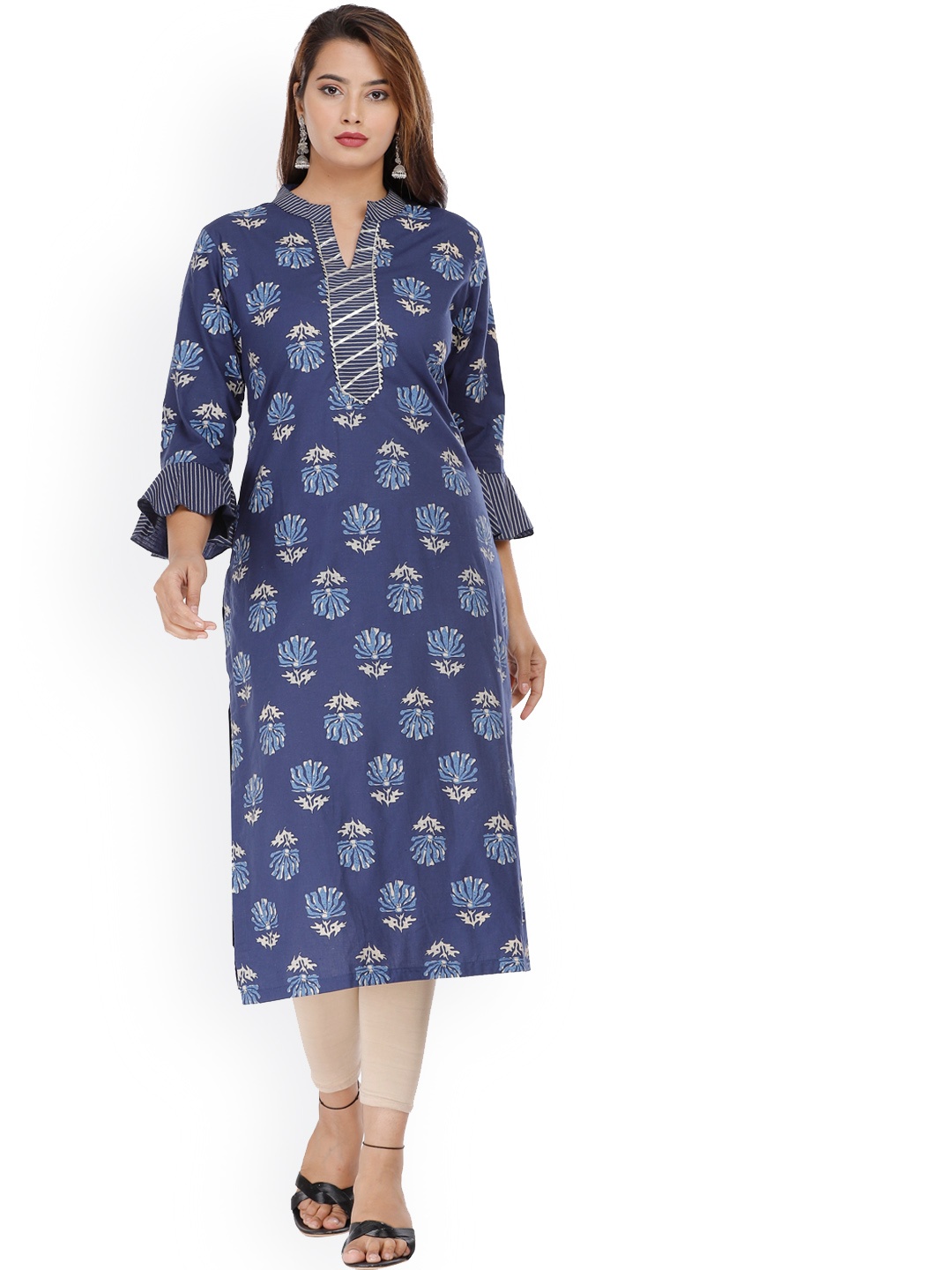 

KALINI Women Navy Blue Ethnic Motifs Printed Flared Sleeves Gotta Patti Kurta