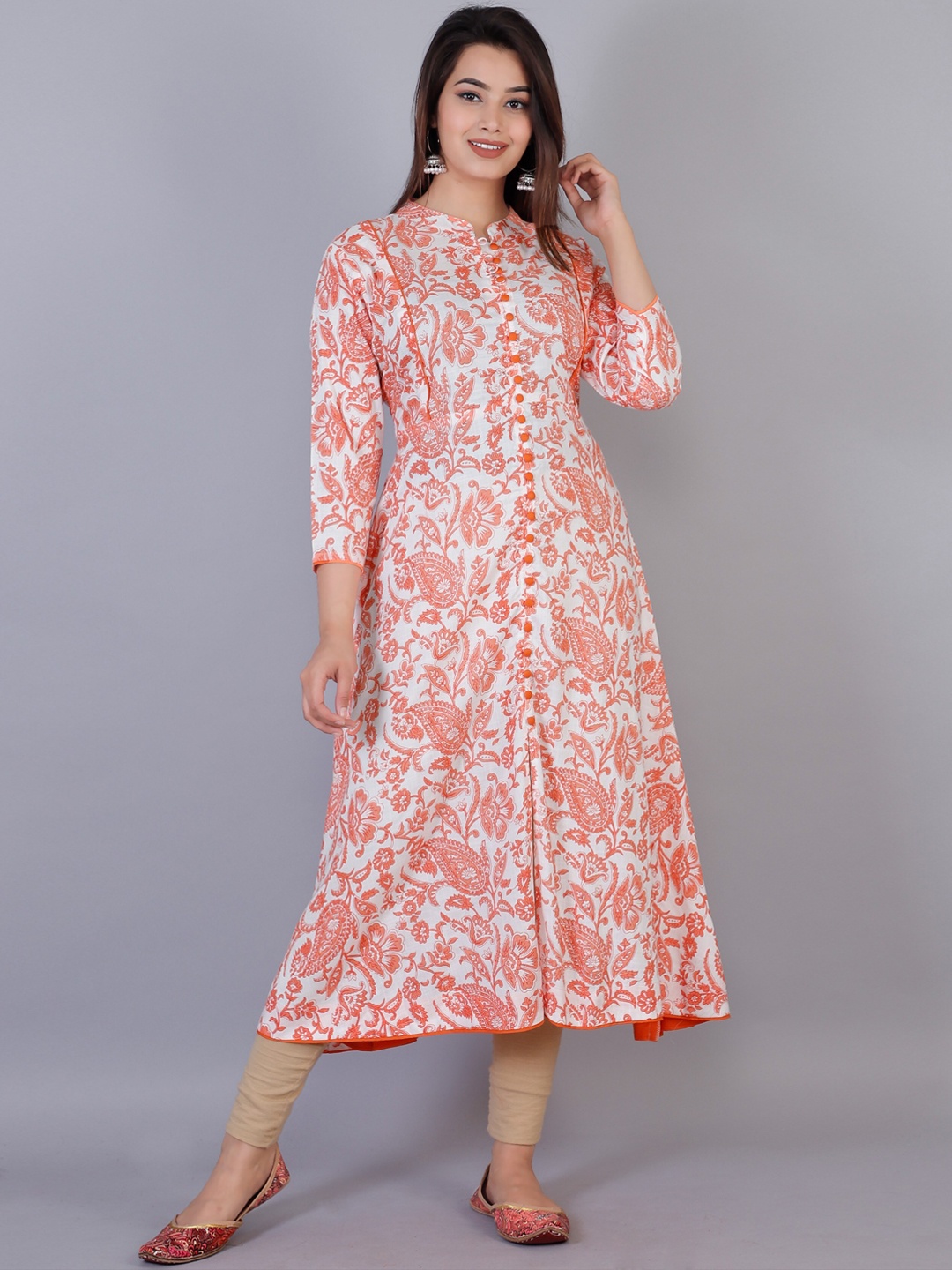 

KALINI Women Orange Floral Printed Gotta Patti Anarkali Kurta