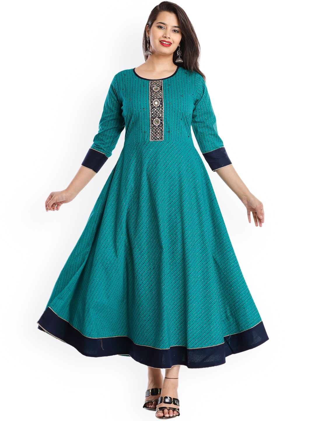 KALINI Women Green Yoke Design Thread Work Anarkali Kurta