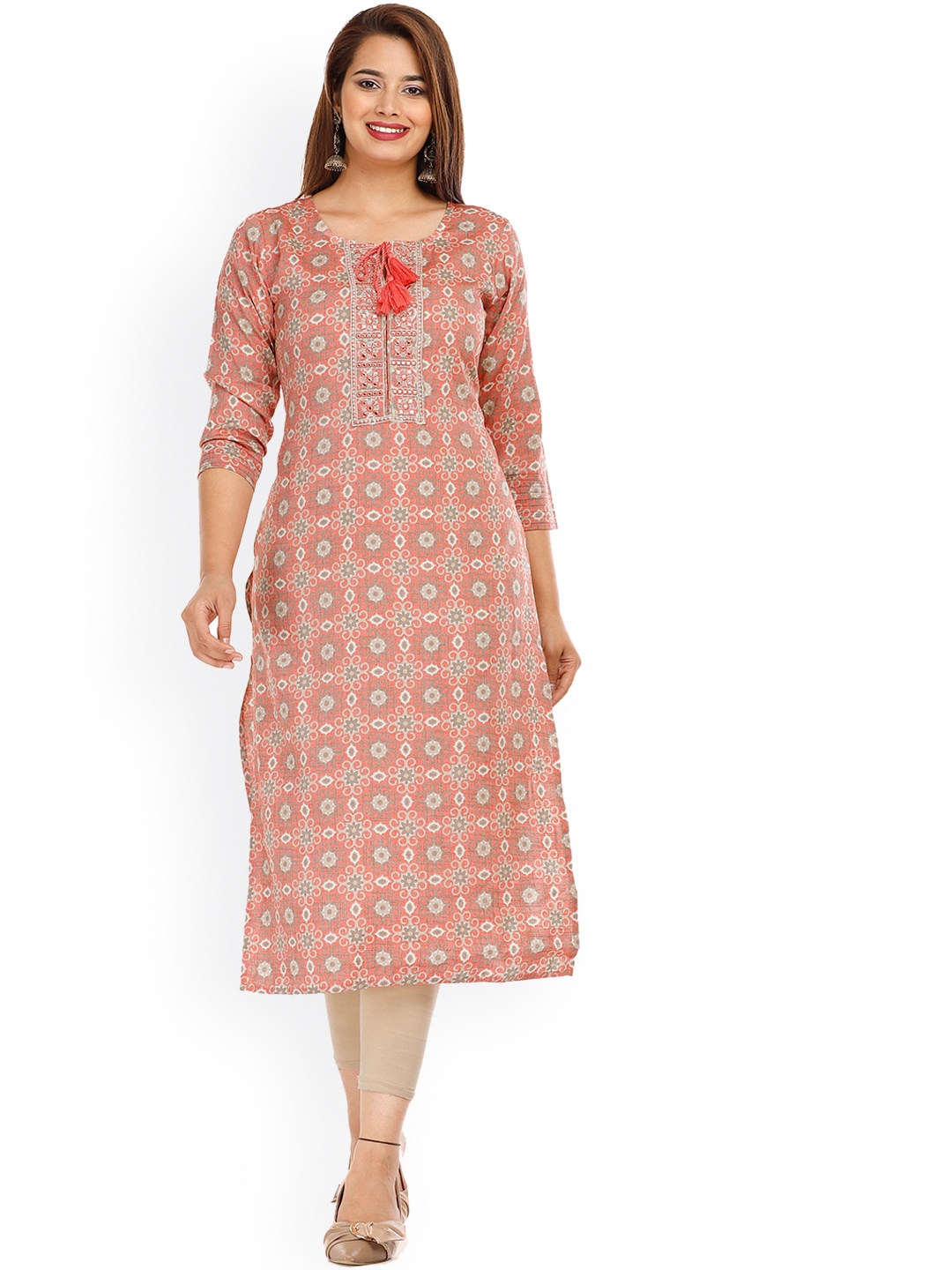 

KALINI Women Peach-Coloured Ethnic Motifs Printed Gotta Patti Kurta