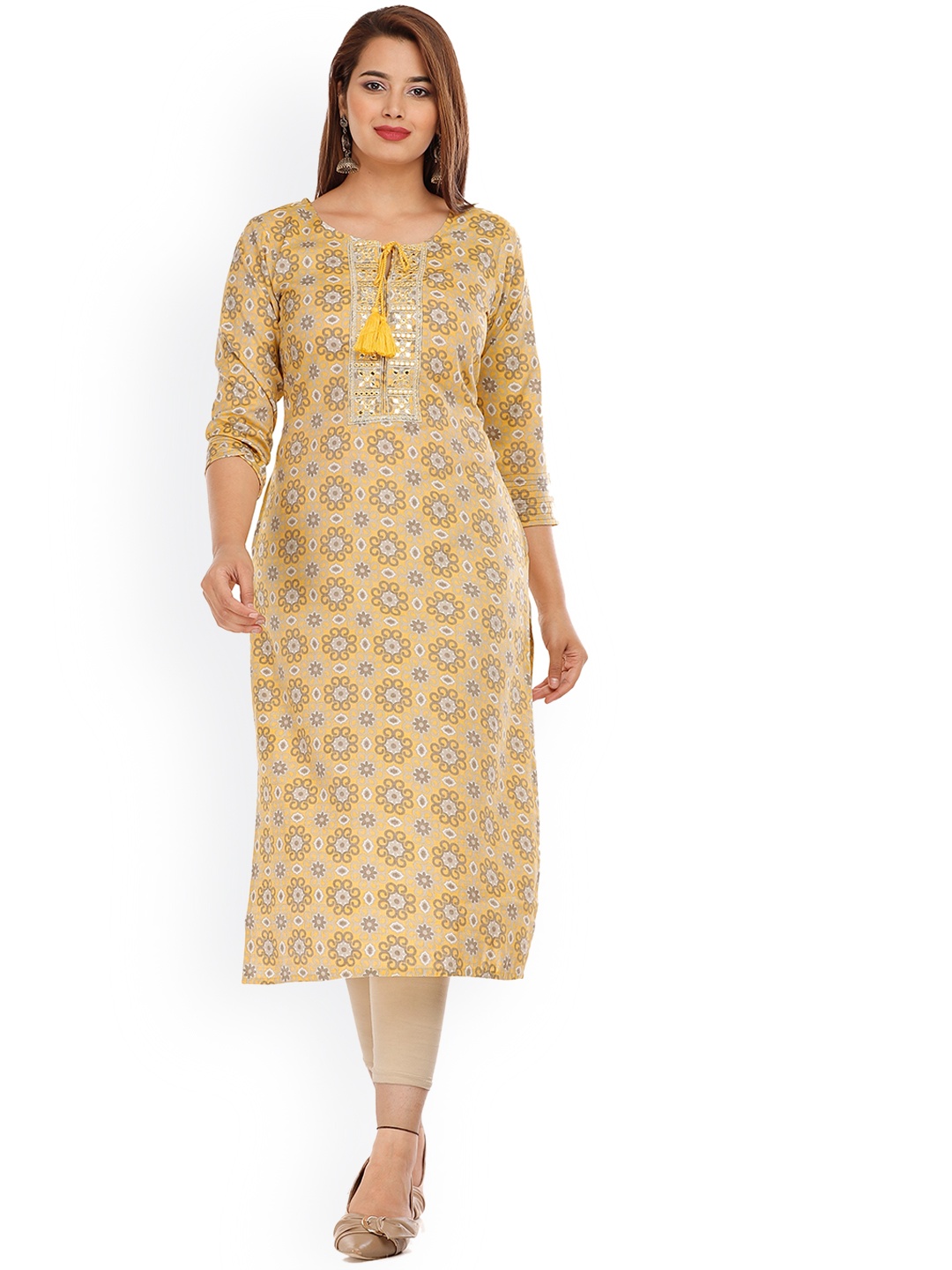 

KALINI Women Yellow Floral Printed Thread Work Kurta