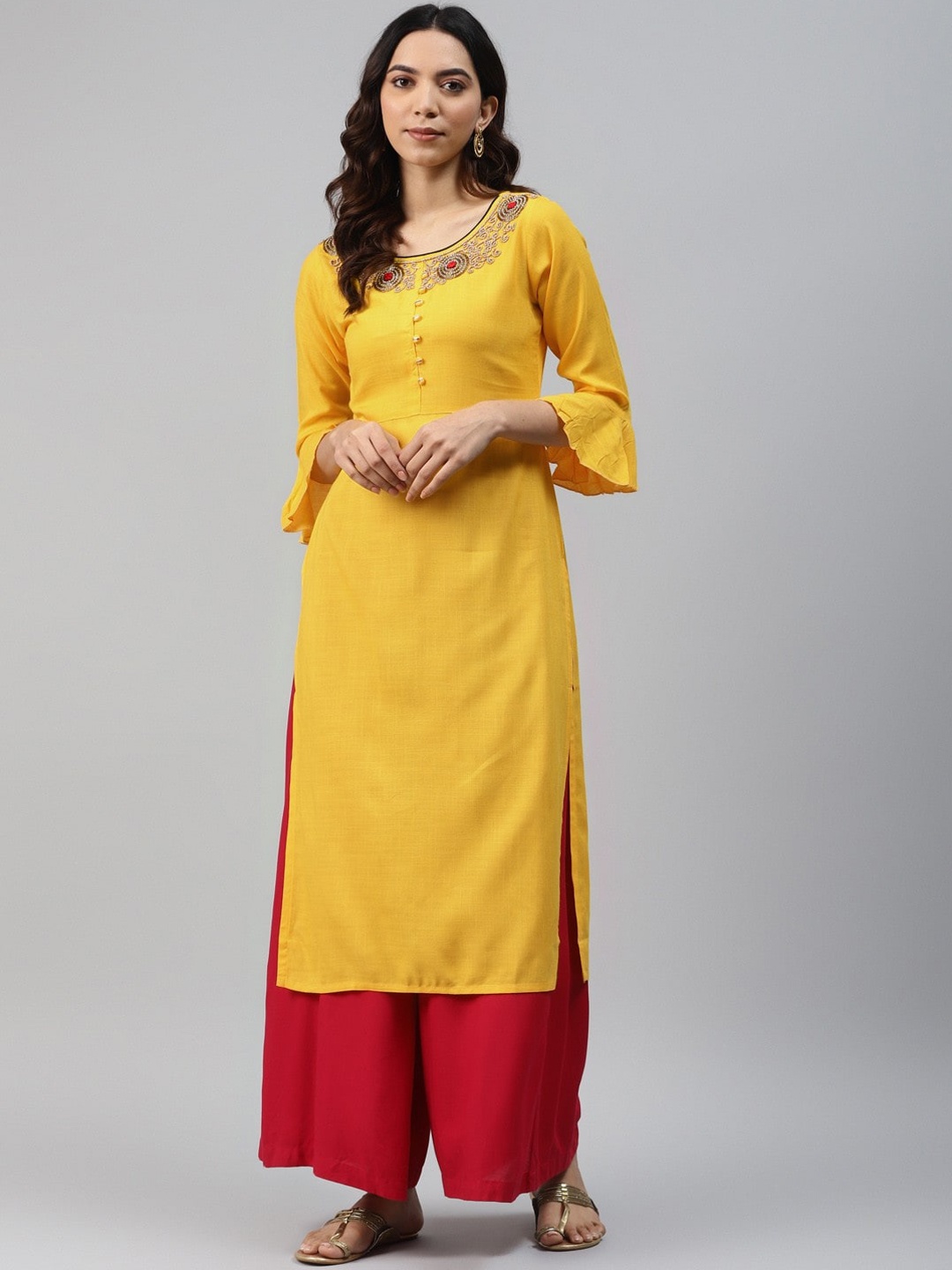 KALINI Women Yellow Yoke Design Bell Sleeves Straight Kurta