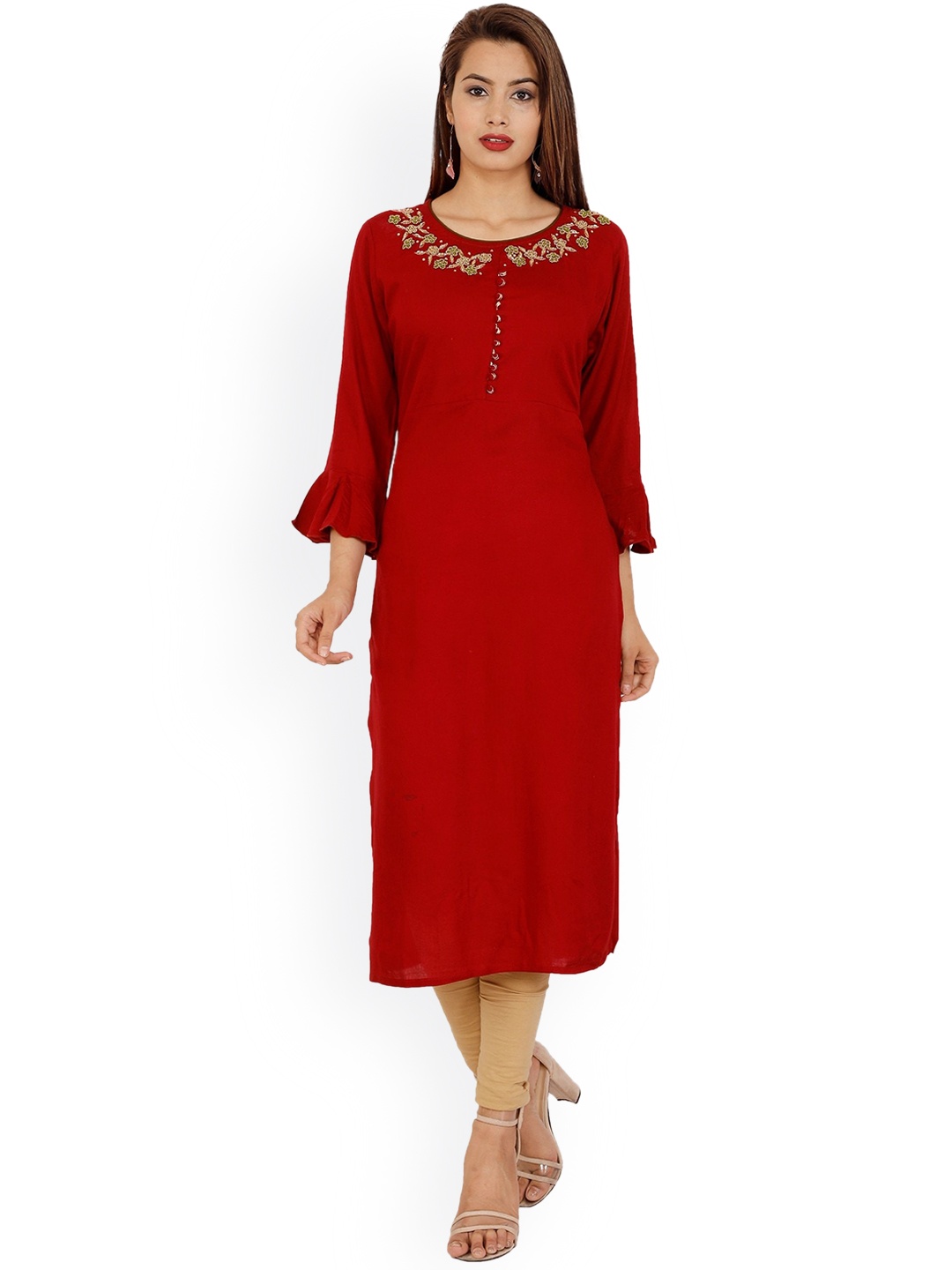 

KALINI Women Maroon Bell Sleeves Embellished Kurta
