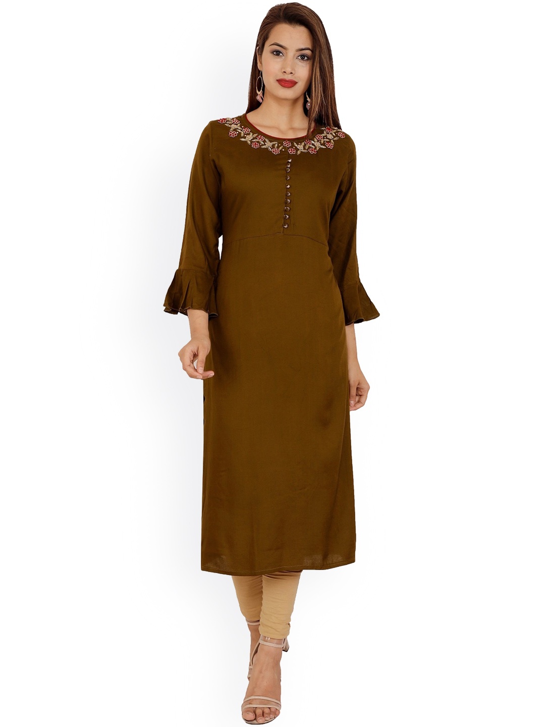 

KALINI Women Olive Green Bell Sleeves Embellished Kurta