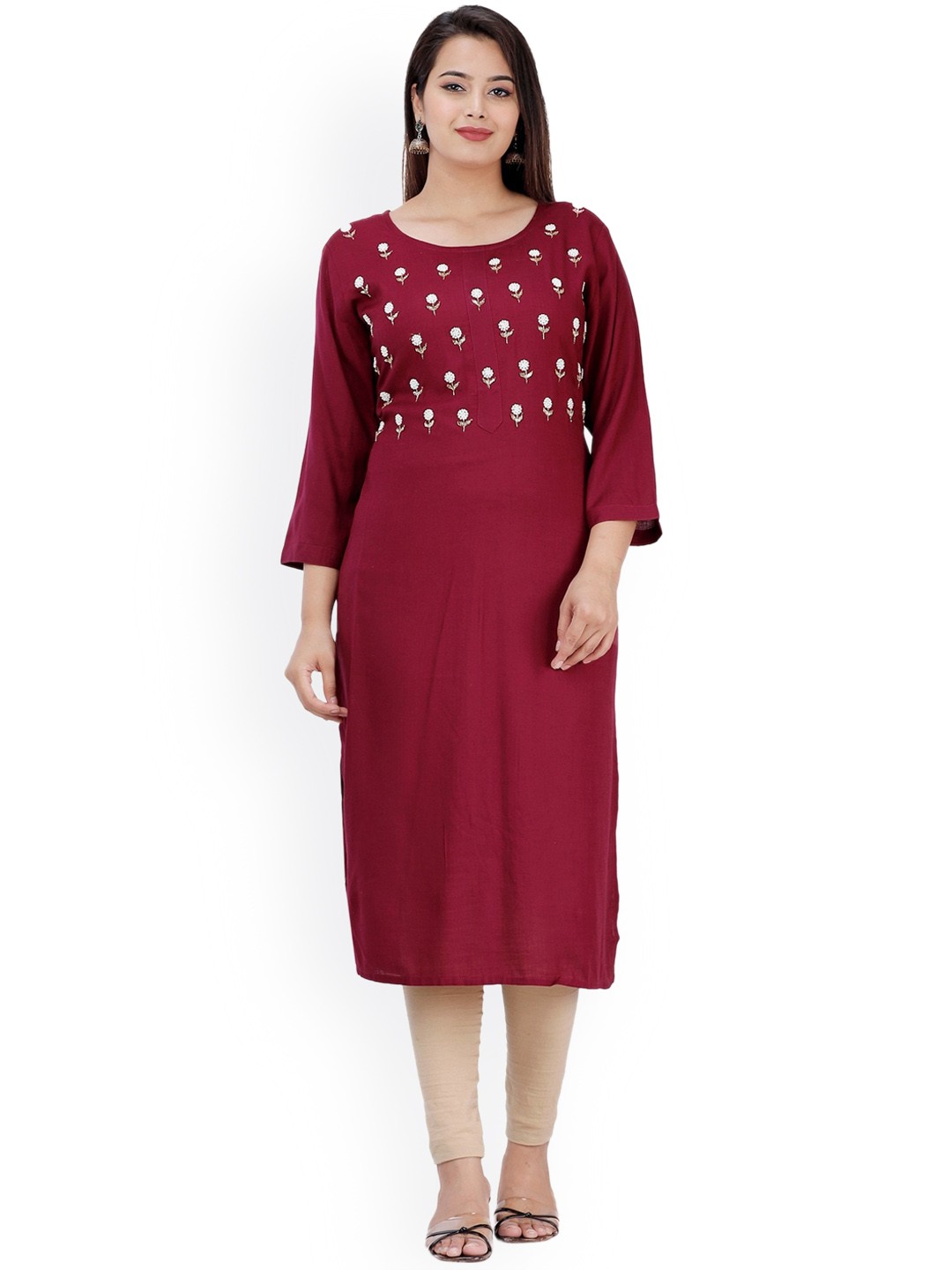 

KALINI Women Burgundy Floral Thread Work Straight Kurta