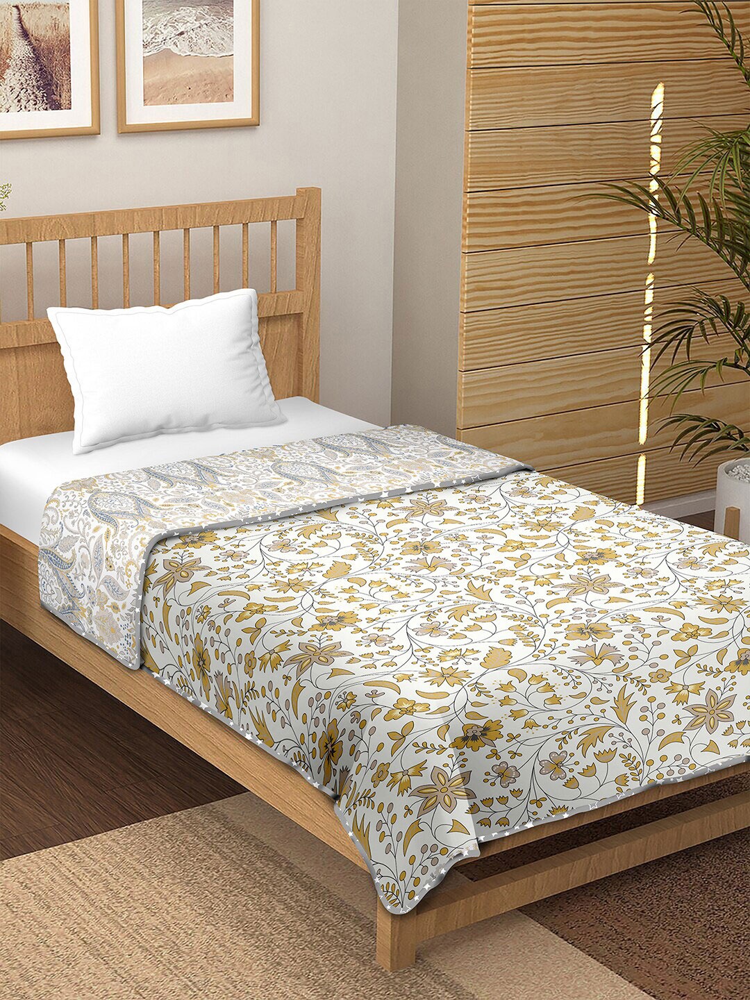 

BELLA CASA Grey & White Floral Printed Cotton Reversible AC Room 150 GSM Single Bed Dohar