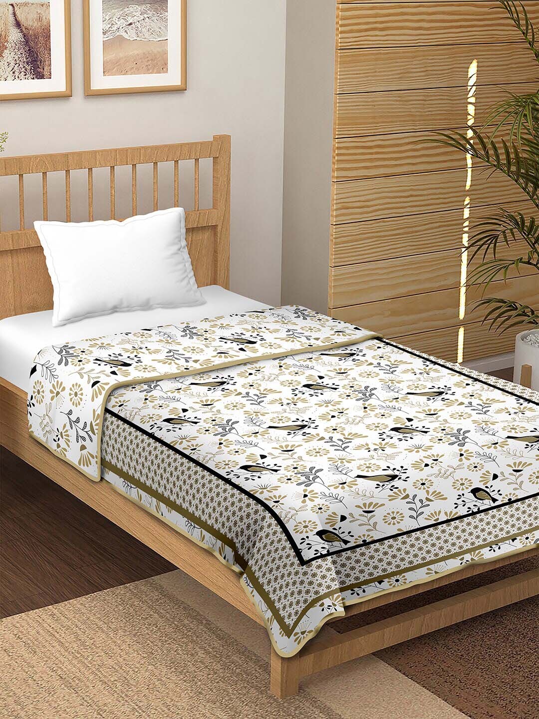 

BELLA CASA Lime Green & White Floral AC Room 150 GSM Cotton Single Bed Dohar
