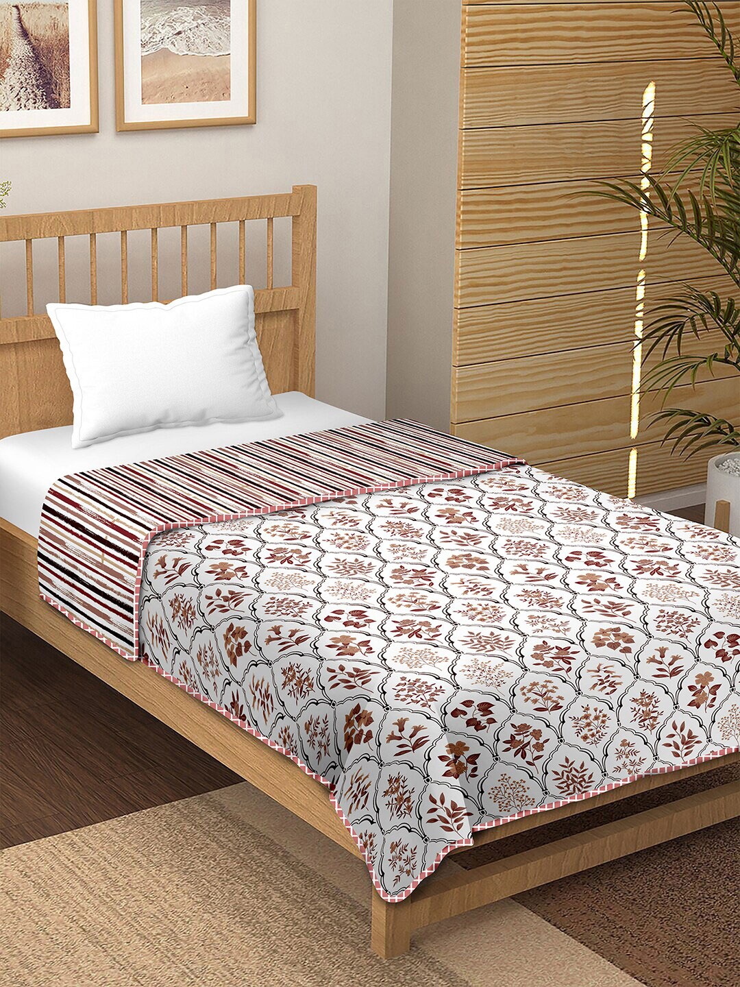 

BELLA CASA Brown & White Striped Reversible Cotton AC Room 150 GSM Single Bed Dohar
