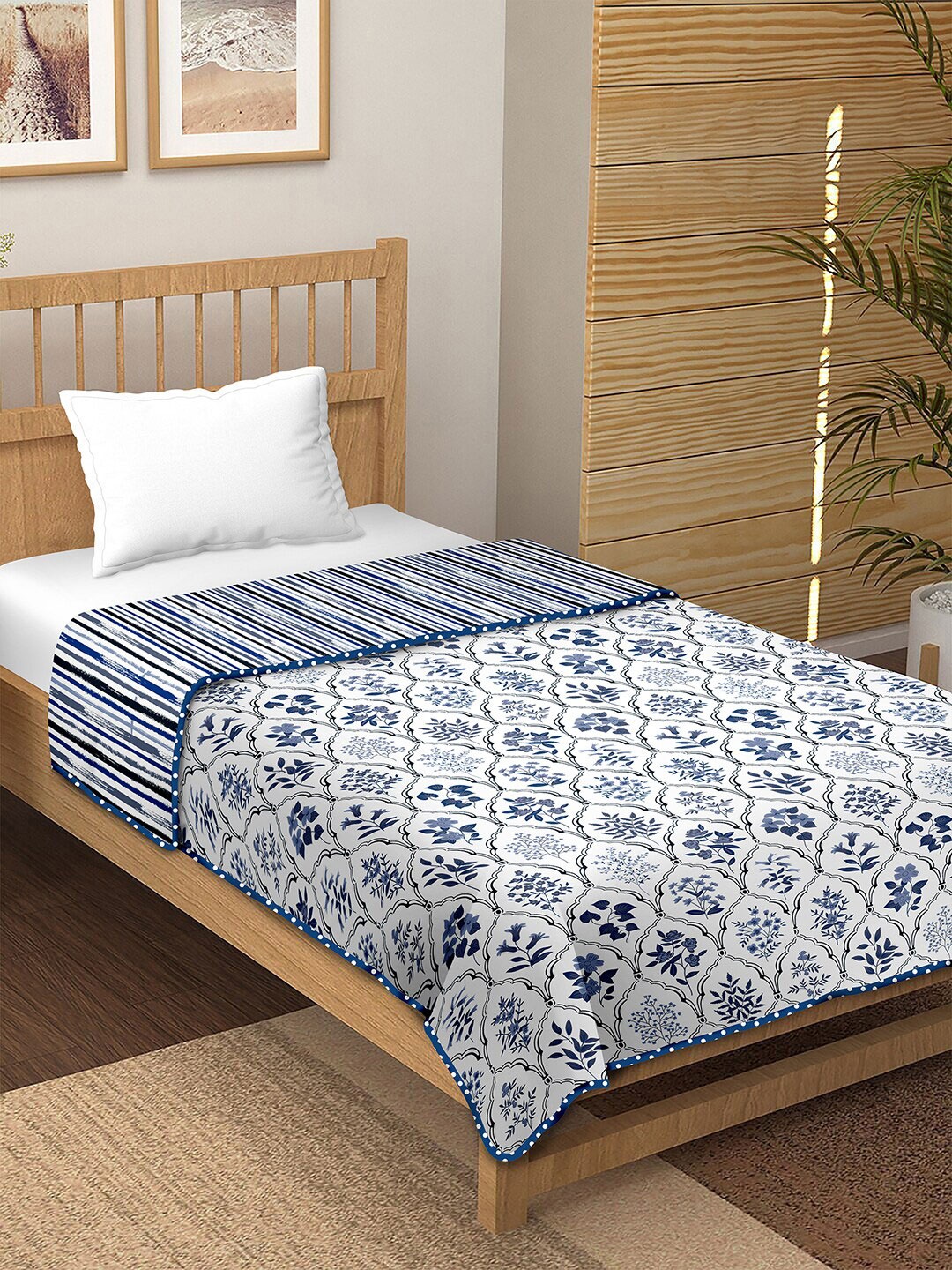 

BELLA CASA Blue Printed AC Room 150 GSM Reversible Single Bed Dohar