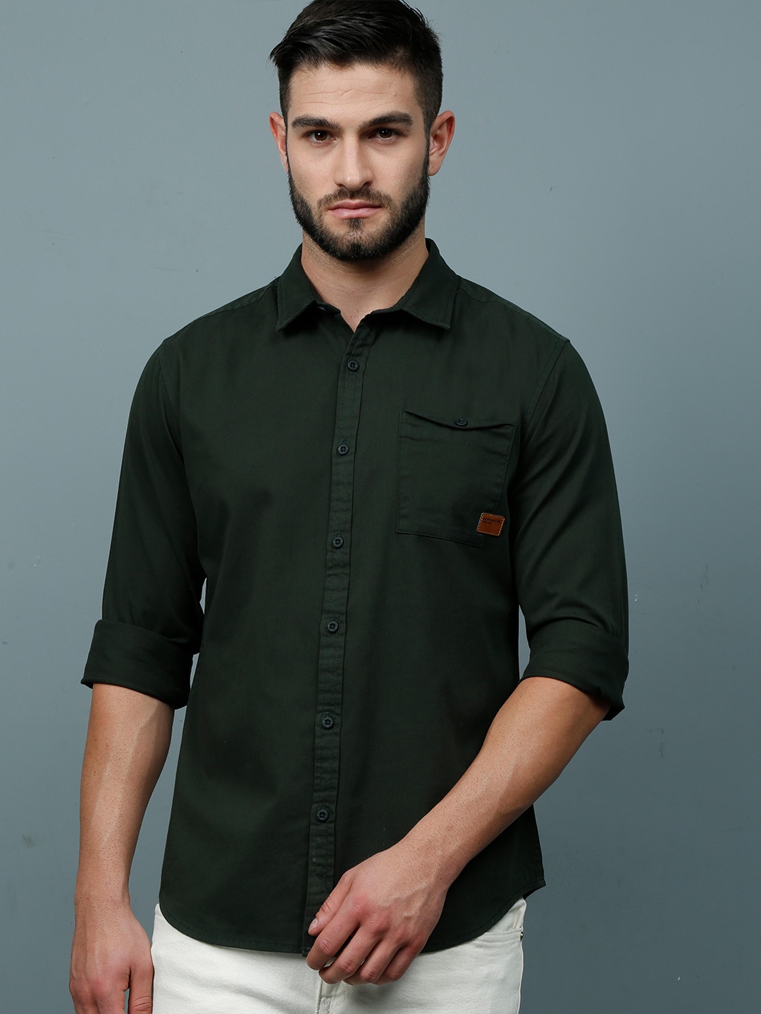 

HERE&NOW Men Olive Green Slim Fit Cotton Casual Shirt