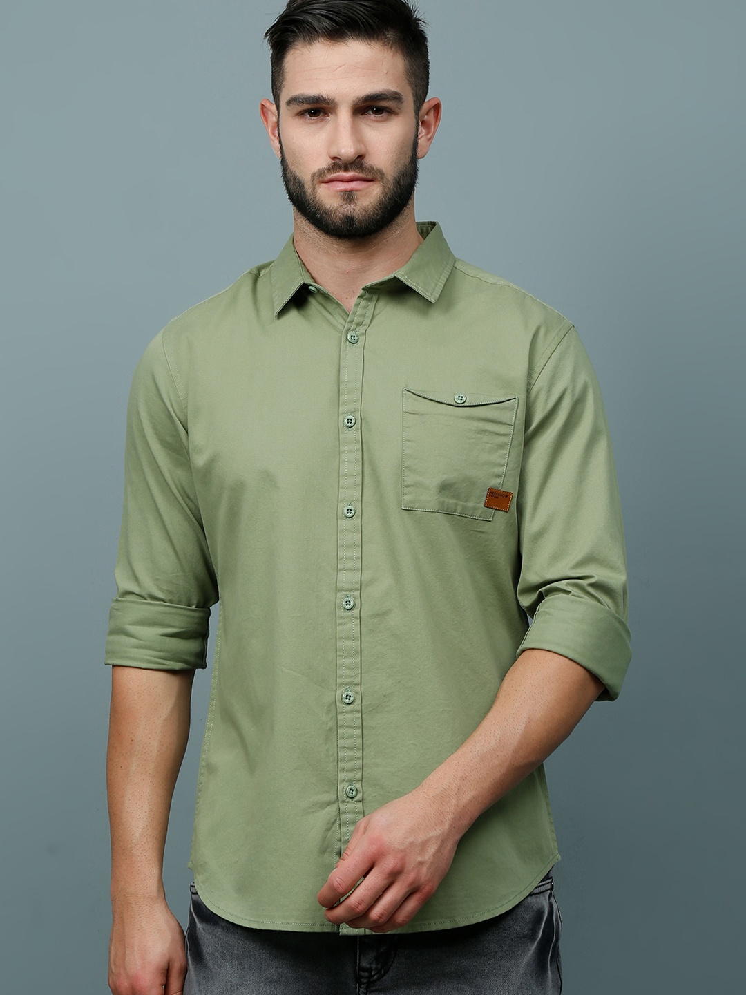 

HERE&NOW Men Olive Green Slim Fit Cotton Casual Shirt