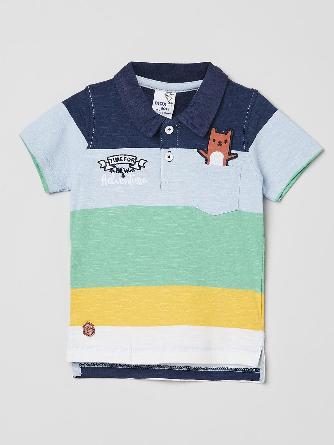 

max Boys Blue & Green Striped Polo Collar Applique Pure Cotton T-shirt