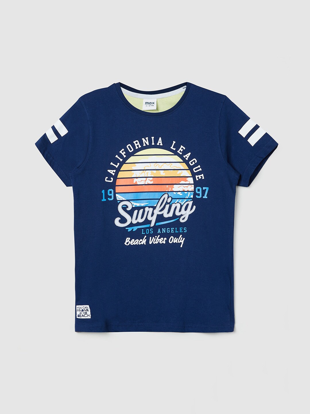 

max Boys Navy Blue & Yellow Printed Tropical Applique Pure Cotton T-shirt