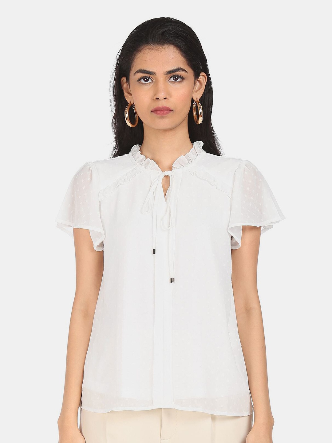 

SHFFL White Tie-Up Neck Ruffled Top