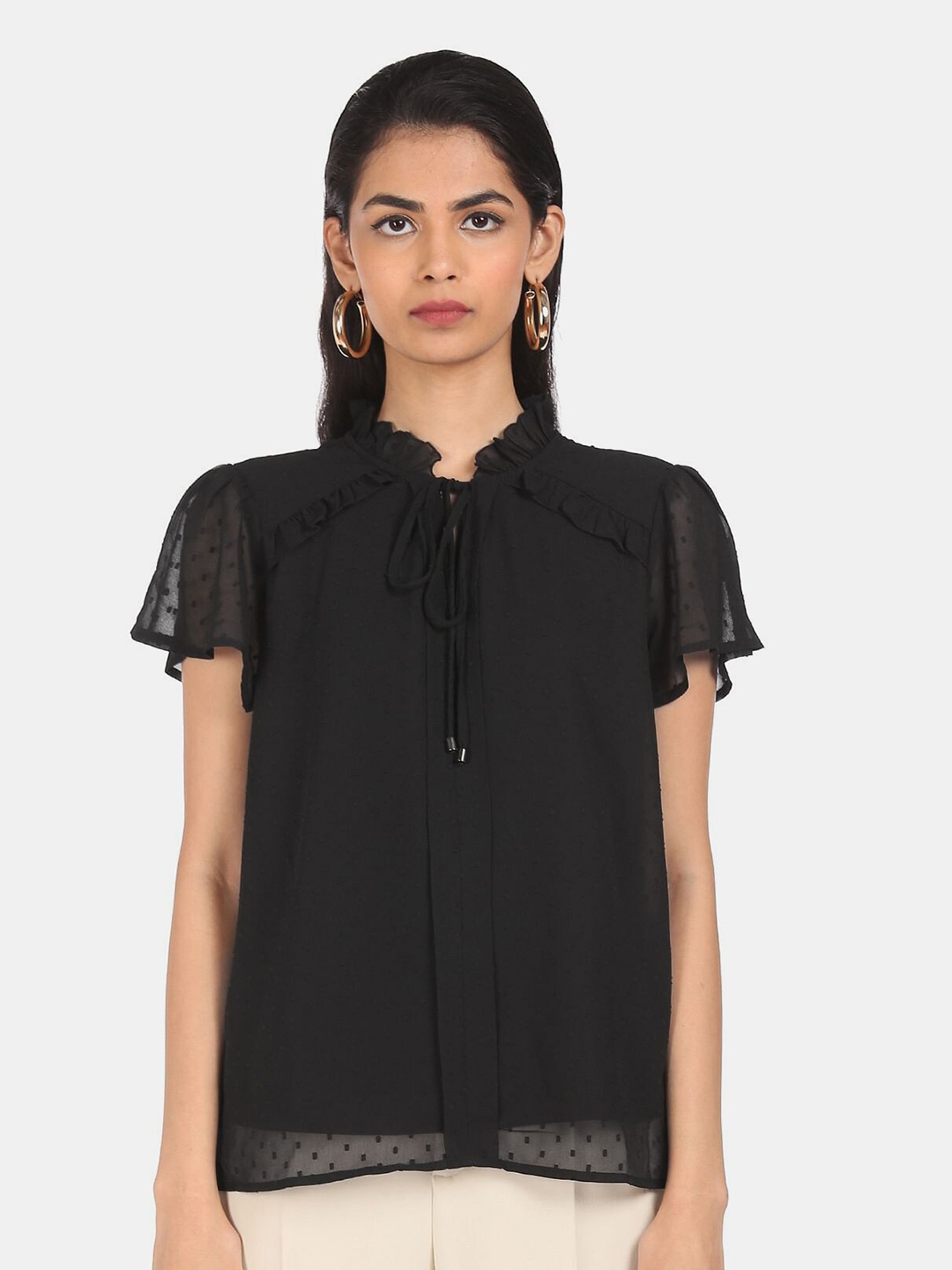 

SHFFL Women Black Tie-Up Neck Top