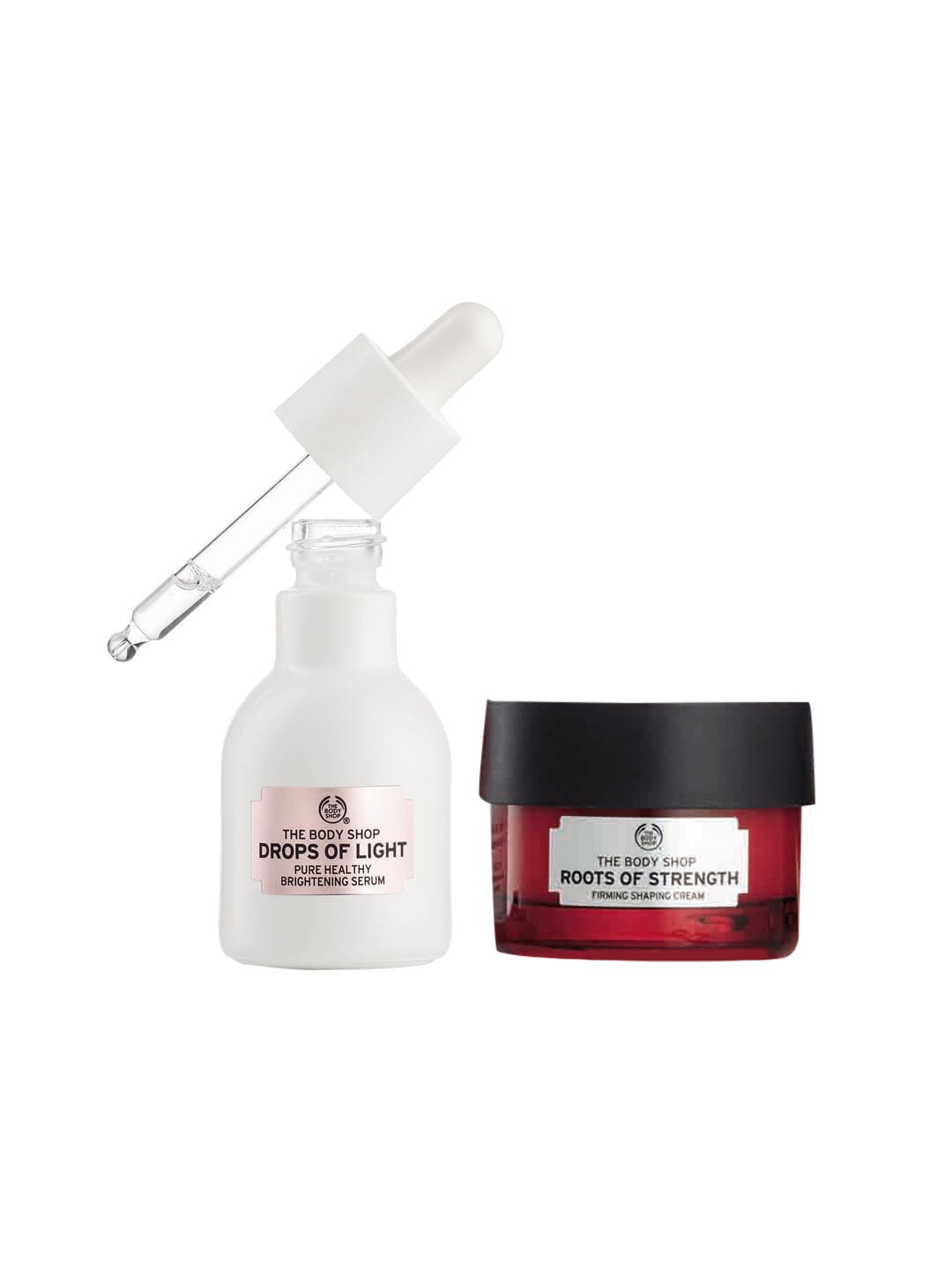 

THE BODY SHOP Set of Drops of Light Face Serum & Roots of Strength Day Cream, White