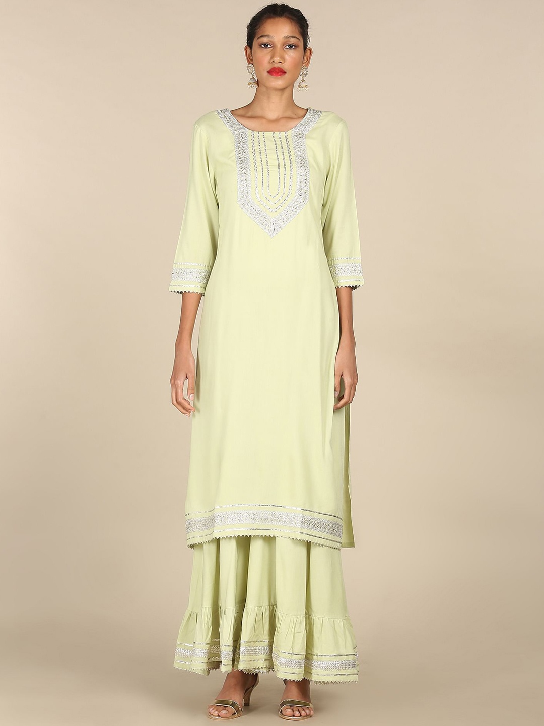 

Anahi Women Green Yoke Design Kurta with Sharara & With Dupatta