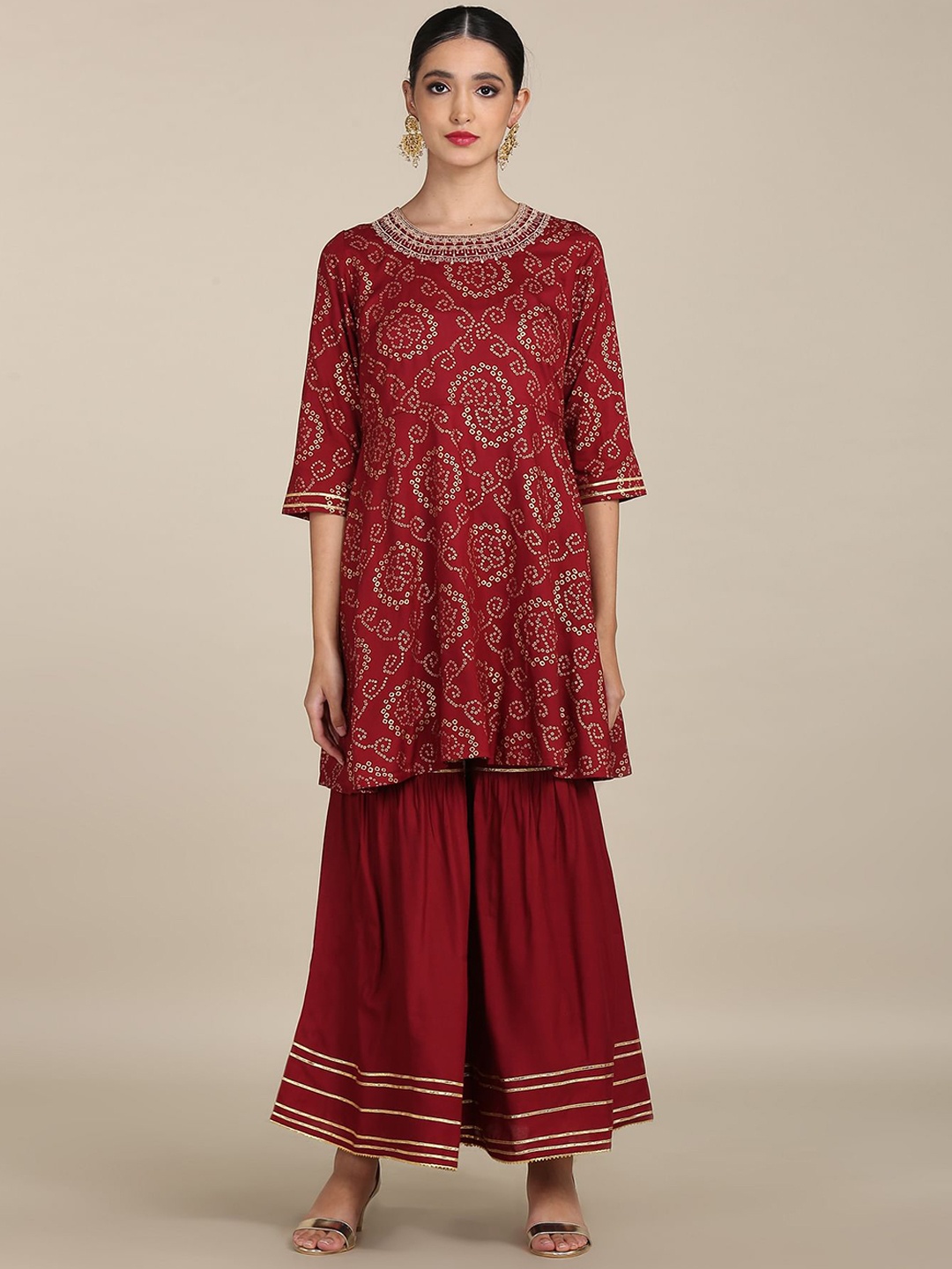 

Anahi Women Red Ethnic Motifs Printed Pleated Kurta with Sharara