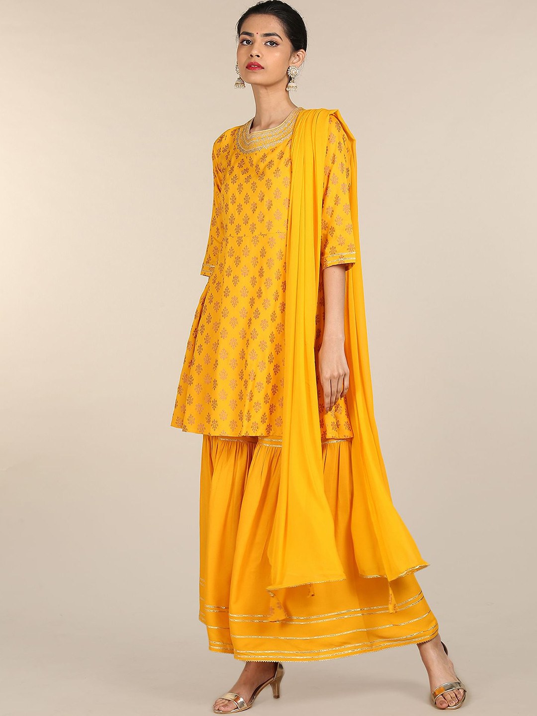 

Anahi Women Yellow Ethnic Motifs Printed A-Line Kurta With Sharara & Dupatta