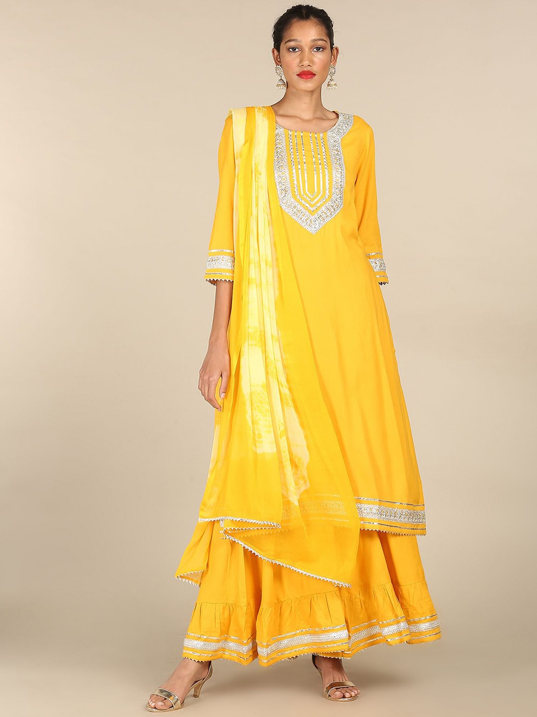 

Anahi Yellow Yoke Design Gotta Patti Kurta with Palazzos & Dupatta