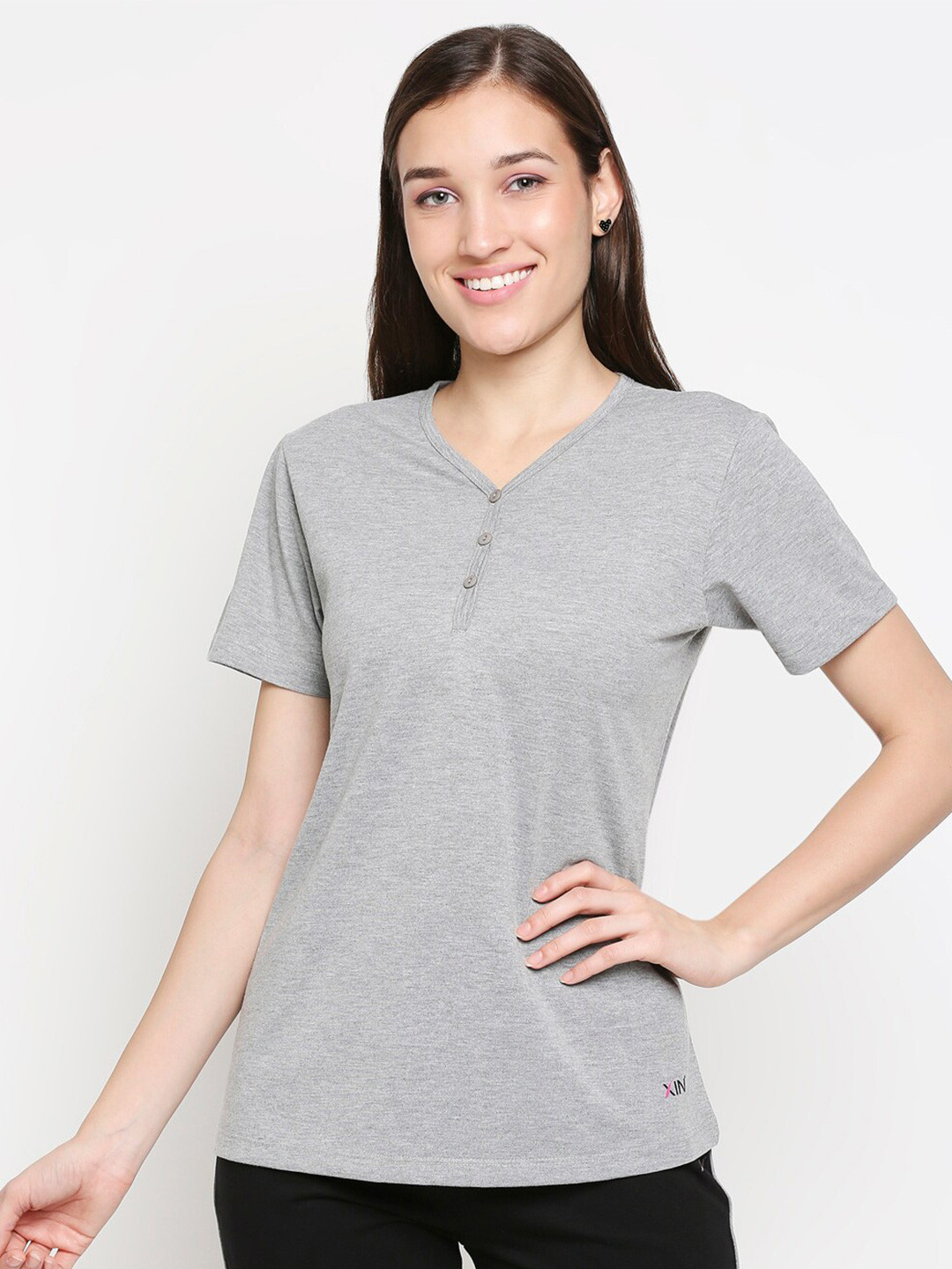 

XIN Women Grey Melange Henley Neck Cotton Lounge T-shirt